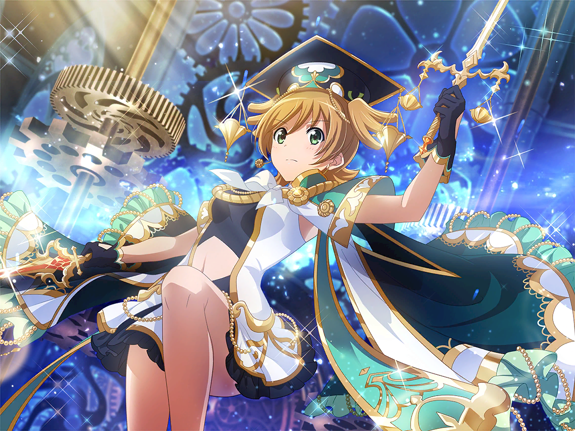 daiba nana, shoujo kageki revue starlight, shoujo kageki revue starlight -re live-, game cg, official art, 1girl, black gloves, bow, bowtie, breasts, closed mouth, clothing cutout, dual wielding, earrings, gears, gloves, green eyes, holding, holding sword, holding weapon, jewelry, justice (tarot), looking at viewer, medium breasts, navel, navel cutout, orange hair, short hair, short twintails, solo, sword, tarot, twintails, upper body, weapon, white bow, white bowtie