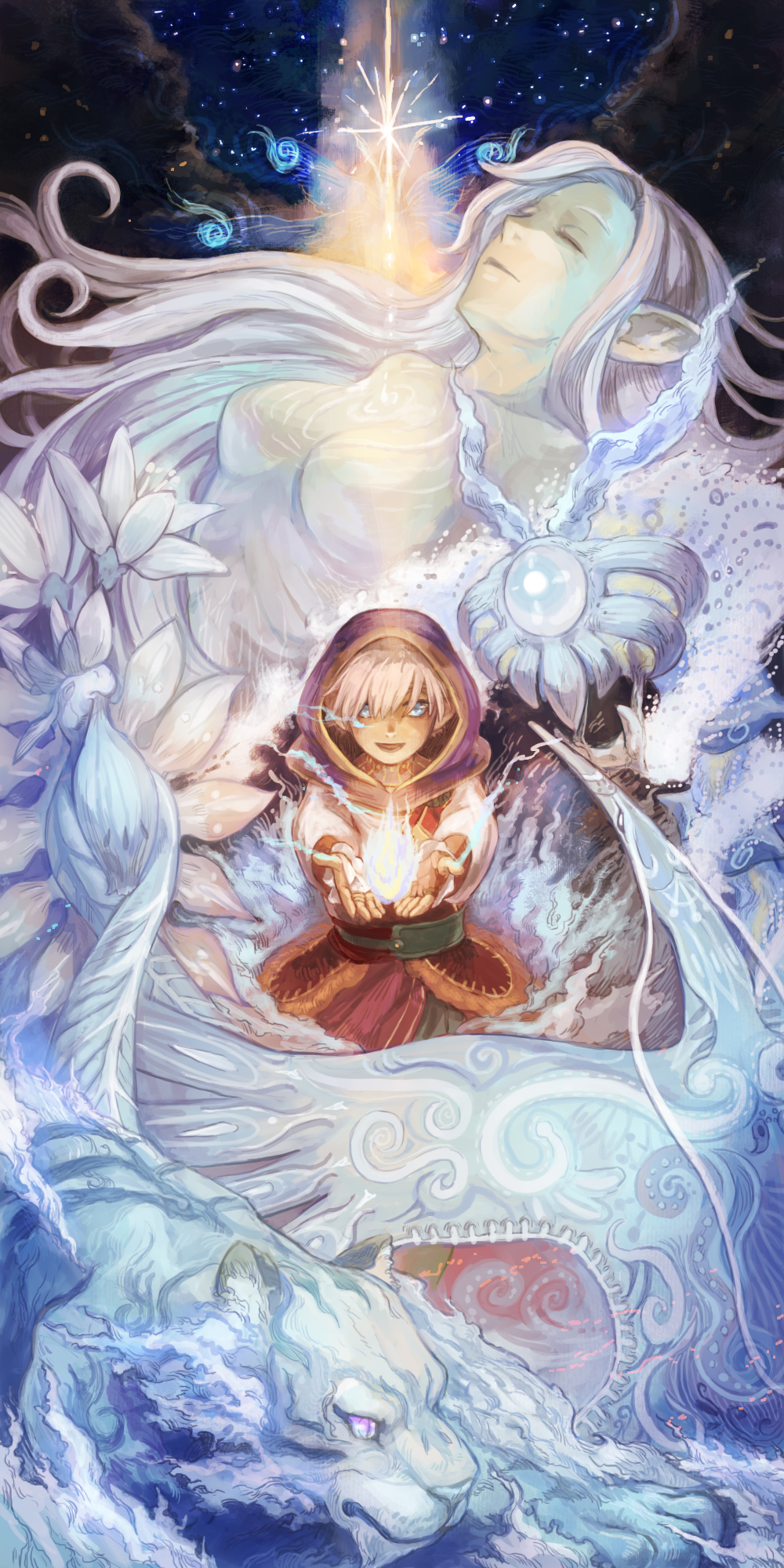 oca, pixiv fantasia, pixiv fantasia 4, silver hair, highres, 1girl, blue eyes, breasts, closed eyes, elf, female focus, hood, magic, pointy ears, purple eyes, solo, tiger