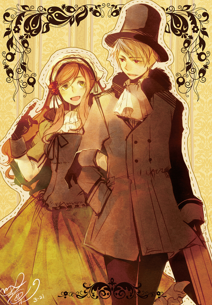 minatsume, hungary (hetalia), prussia (hetalia), axis powers hetalia, silver hair, 1boy, 1girl, ascot, brown hair, coat, couple, dress, flower, gloves, green eyes, hair flower, hair ornament, hat, hetero, long hair, red eyes