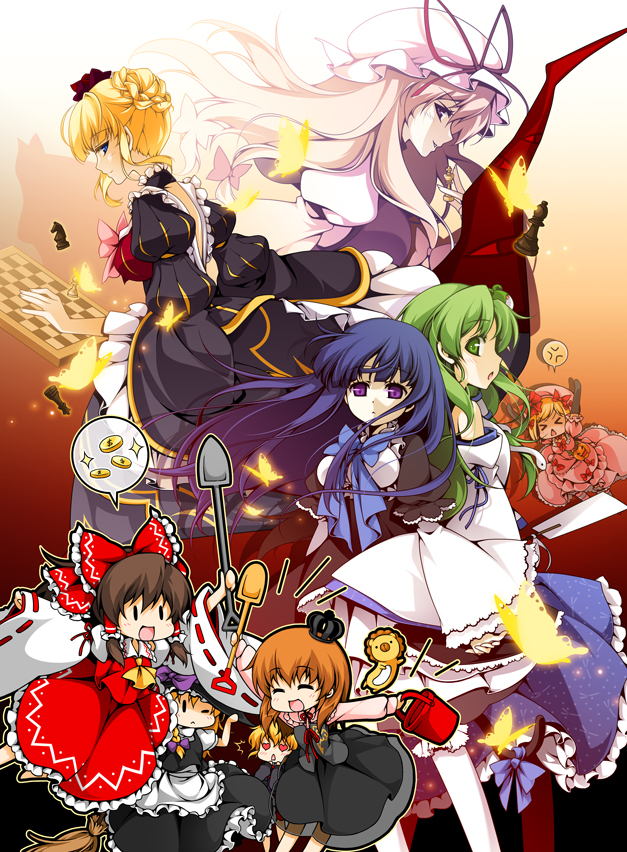 reina (black spider), beatrice (umineko), frederica bernkastel, hakurei reimu, kirisame marisa, kochiya sanae, lambdadelta, sakutarou (umineko), ushiromiya jessica, ushiromiya maria, yakumo yukari, touhou, umineko no naku koro ni, > <, 6+girls, anger vein, apron, black dress, blonde hair, blue dress, blue hair, bow, brown hair, bucket, bug, butterfly, cat tail, chess piece, chessboard, closed eyes, coin, crossover, crown, detached sleeves, dress, expressionless, frills, gap (touhou), gradient background, green eyes, green hair, hair bow, hair tubes, hat, heart, heart-shaped eyes, insect, long hair, multiple girls, no nose, one eye closed, orange background, pink dress, power connection, purple eyes, red background, red dress, ribbon, short hair, shovel, smile, tail, wink, worktool, | |