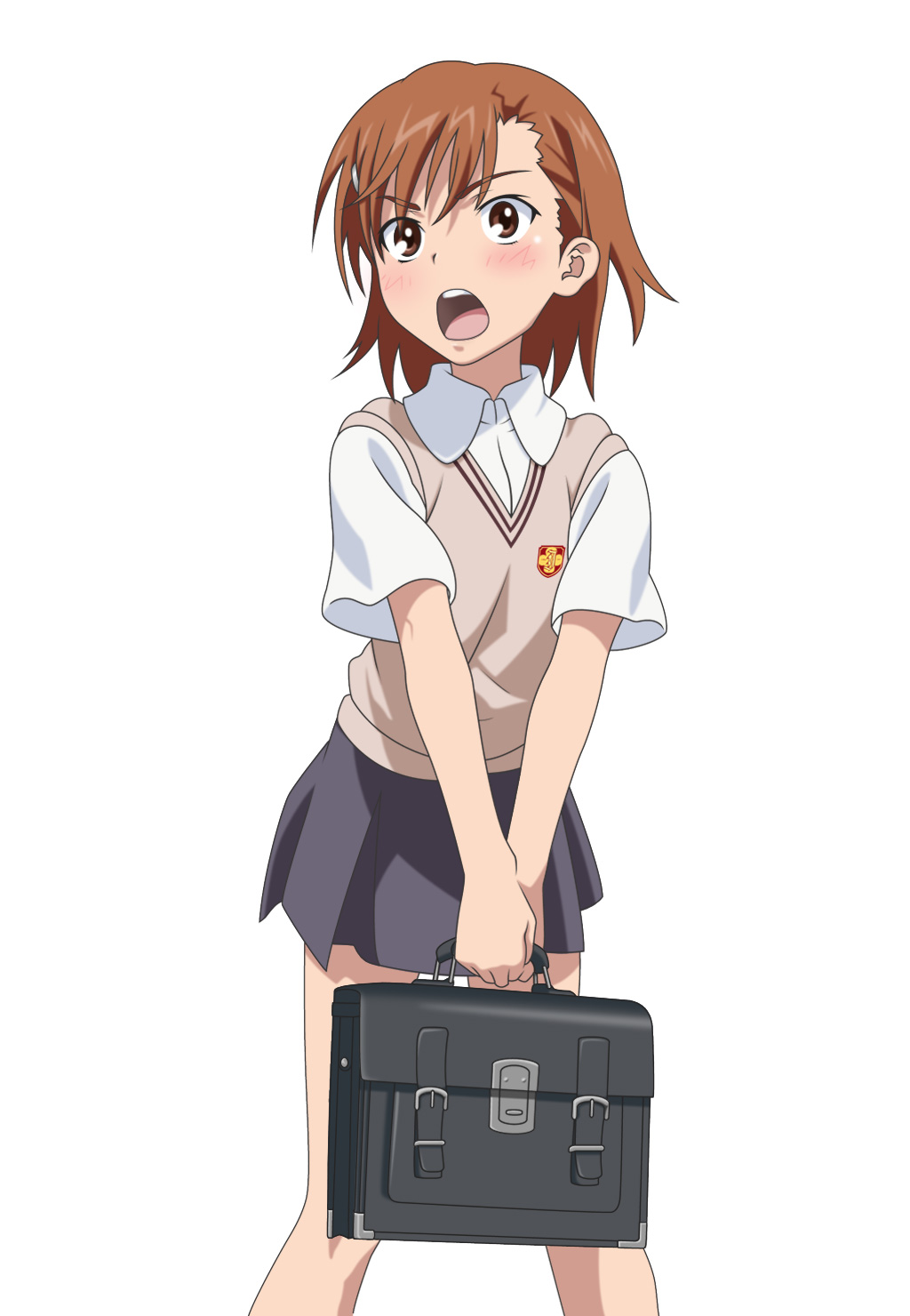 smile (rz), misaka mikoto, toaru kagaku no railgun, toaru majutsu no index, highres, bag, brown eyes, brown hair, school uniform, short hair, solo, sweater vest