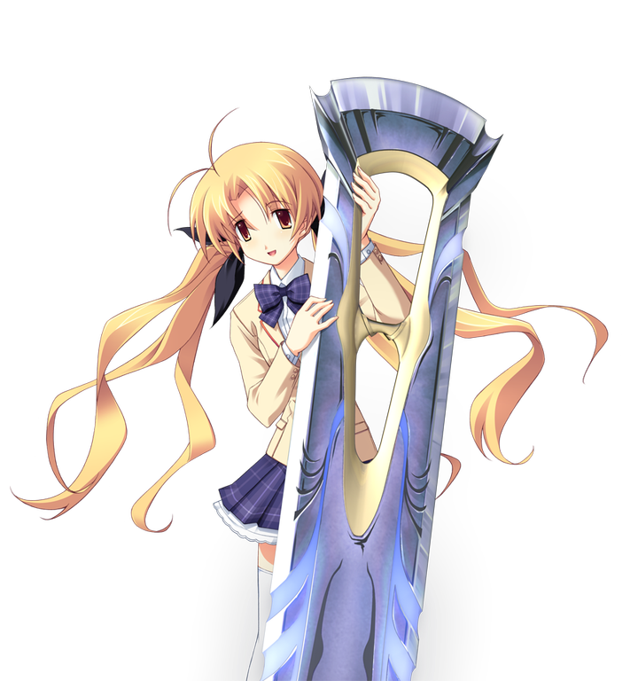 matsuo yukihiro, orihara kozue, chaos;head, science adventure, game cg, non-web source, official art, 1girl, antenna hair, black bow, blazer, blonde hair, blush, bow, bowtie, breasts, brown eyes, brown jacket, collared shirt, d-sword, dress shirt, embarrassed, hair bow, holding, holding sword, holding weapon, huge weapon, jacket, looking at viewer, miniskirt, open mouth, petticoat, plaid bow, plaid bowtie, plaid clothes, plaid skirt, purple bow, purple bowtie, school uniform, shirt, skirt, small breasts, smile, solo, sprite, suimei academy school uniform, sword, thighhighs, transparent background, twintails, weapon, white shirt, white thighhighs, winter uniform, zettai ryouiki