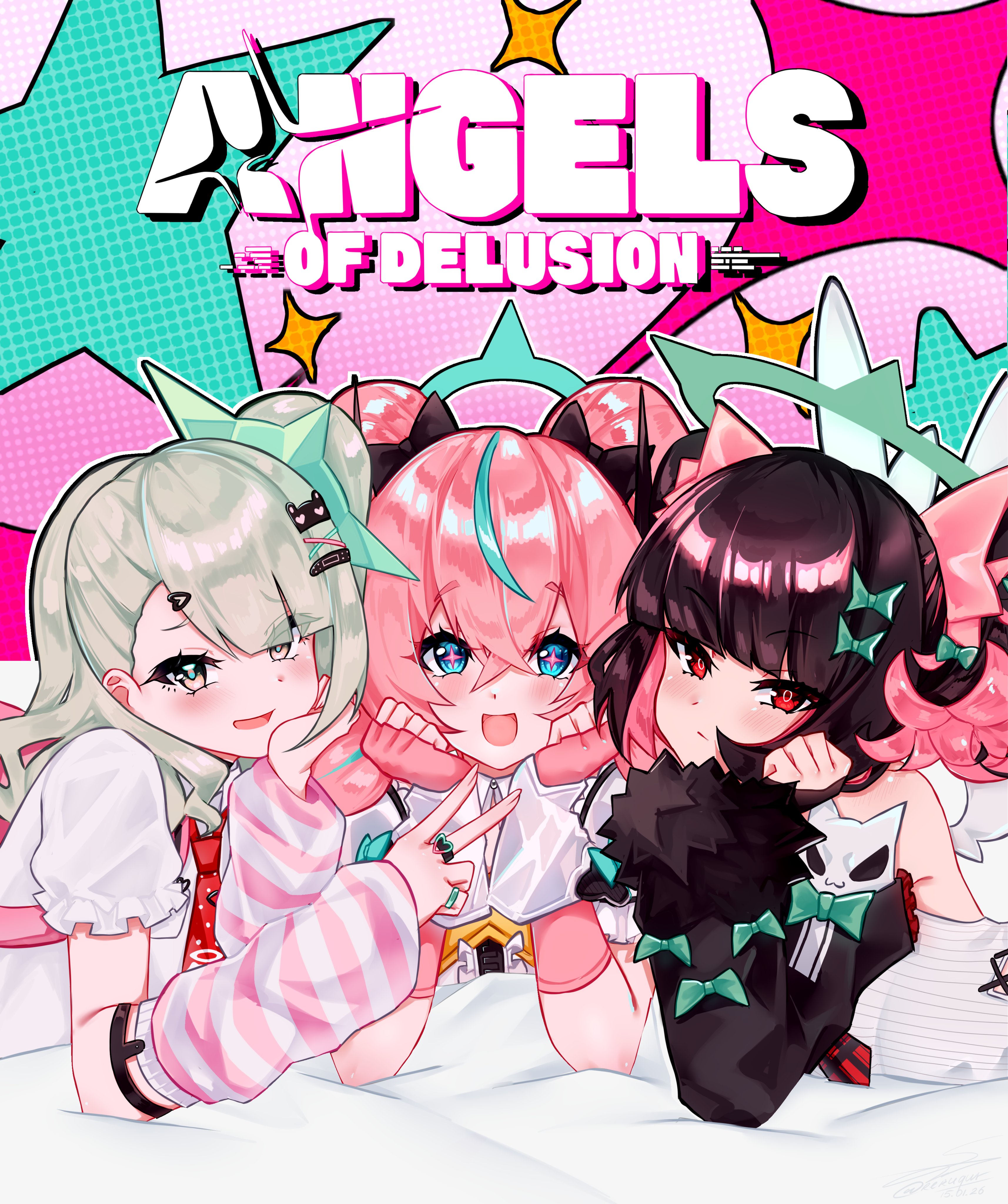 aria (zenless zone zero), nangong yu, sunna (zenless zone zero), angels of delusion, zenless zone zero, absurdres, commentary, english commentary, highres, 3girls, aqua streaks, arm warmers, black bow, black hair, blue hair, bow, colored inner hair, fingerless gloves, gloves, green bow, green eyes, green hair, green halo, hair between eyes, hair bow, halo, halo behind head, long hair, looking at viewer, lying, multicolored hair, multiple girls, multiple hair clips, on stomach, pink arm warmers, pink hair, red eyes, reru, smile, sparkling eyes, streaked hair, striped arm warmers, upper body