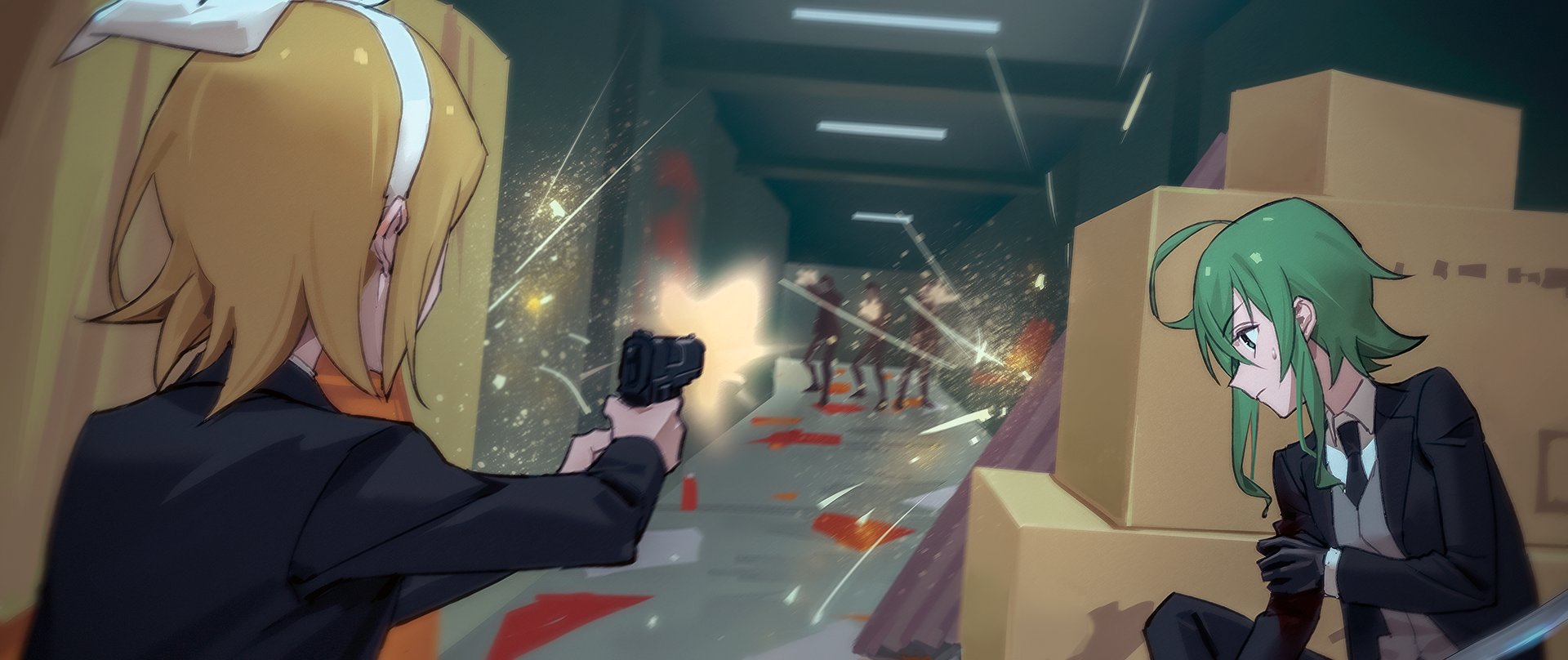 wounds404, gumi, kagamine rin, vocaloid, commentary request, highres, 2girls, 3boys, ahoge, aiming, black gloves, black jacket, black necktie, black pants, blood, blood on arm, bow, box, brown hair, cardboard box, collared shirt, corrugated galvanized iron sheet, firing, gloves, green eyes, green hair, grey vest, gun, hair bow, hairband, handgun, holding, holding gun, holding sword, holding weapon, injury, jacket, katana, long sleeves, looking at viewer, medium hair, multiple boys, multiple girls, multiple others, necktie, open clothes, open jacket, pants, shirt, short hair, sidelocks, sparks, sweat, sword, vest, weapon, white bow, white hairband, white shirt