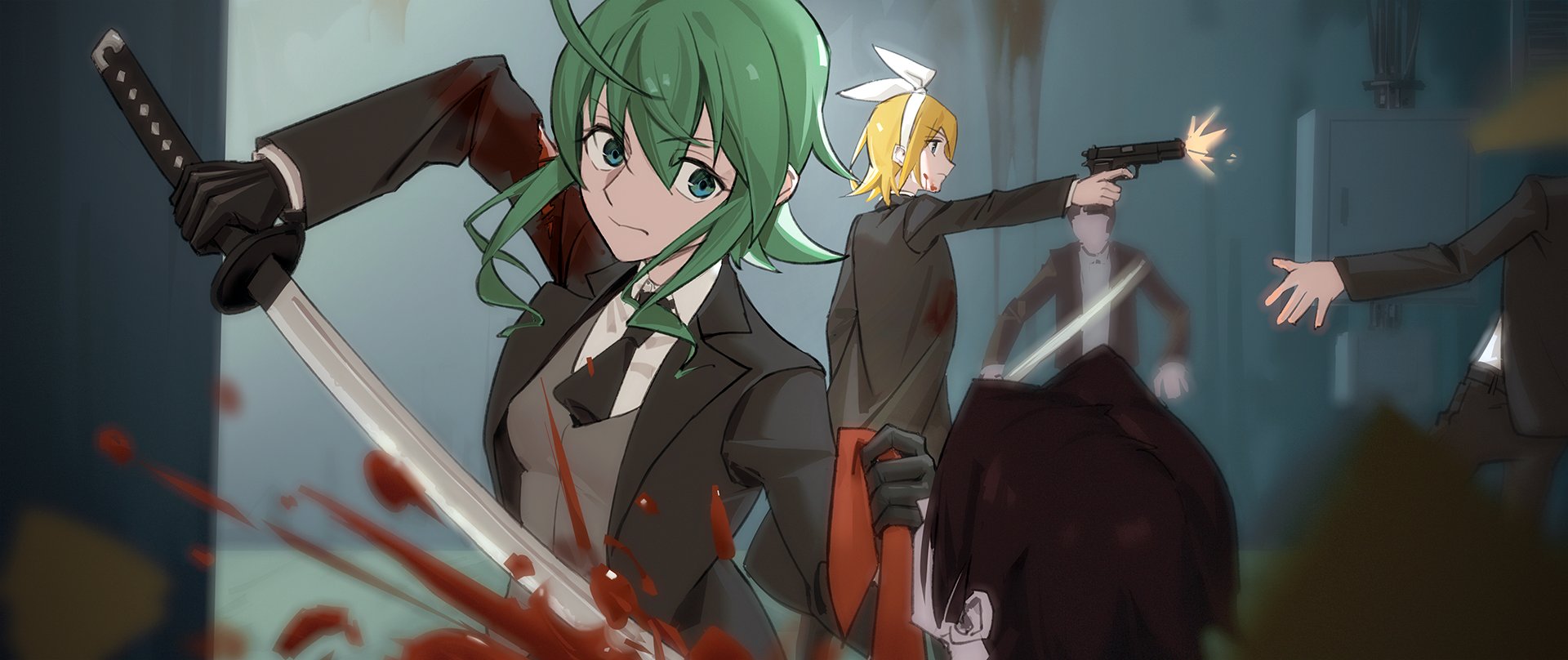 wounds404, gumi, kagamine rin, vocaloid, commentary request, highres, 3boys, ahoge, aiming, ascot, attack, black ascot, black gloves, black jacket, blonde hair, blood, blood on clothes, blood splatter, blue eyes, bow, browning hi-power, clothes grab, firing, gloves, gradient hair, green eyes, grey jacket, grey vest, gun, hair between eyes, hair bow, hairband, hand up, handgun, holding, holding gun, holding sword, holding weapon, jacket, long sleeves, medium hair, multicolored hair, multiple boys, necktie, necktie grab, neckwear grab, open clothes, open jacket, red necktie, shirt, short hair, sidelocks, sword, vest, weapon, white bow, white hairband, white shirt