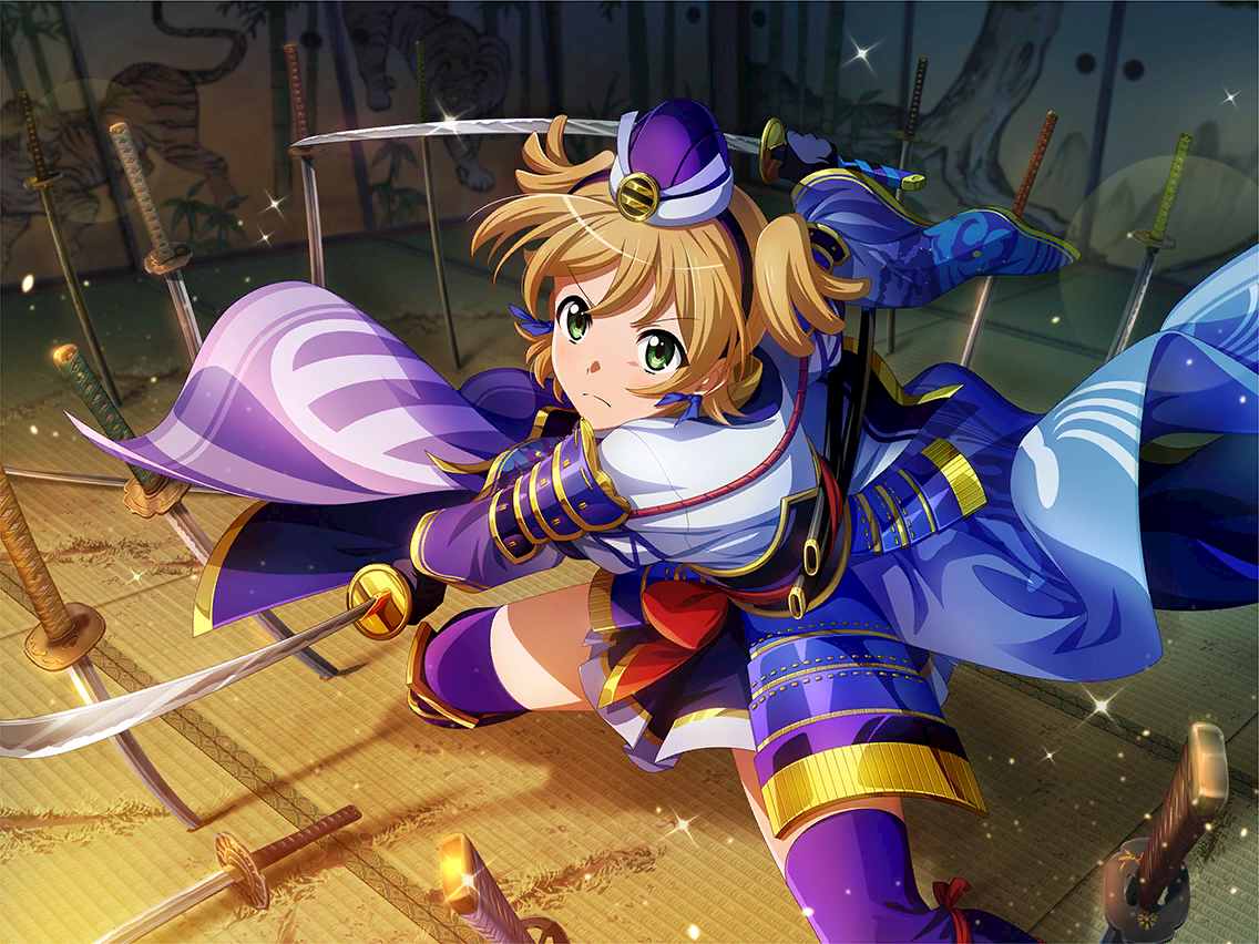 ashikaga yoshiteru, daiba nana, shoujo kageki revue starlight, shoujo kageki revue starlight -re live-, game cg, official art, 1girl, armor, ashikaga yoshiteru (cosplay), closed mouth, cosplay, dual wielding, frown, green eyes, holding, holding sword, holding weapon, japanese armor, katana, kusazuri, long sleeves, looking at viewer, orange hair, planted, planted sword, planted weapon, purple thighhighs, short hair, short twintails, shoulder armor, solo, sword, thighhighs, twintails, v-shaped eyebrows, weapon, wide sleeves