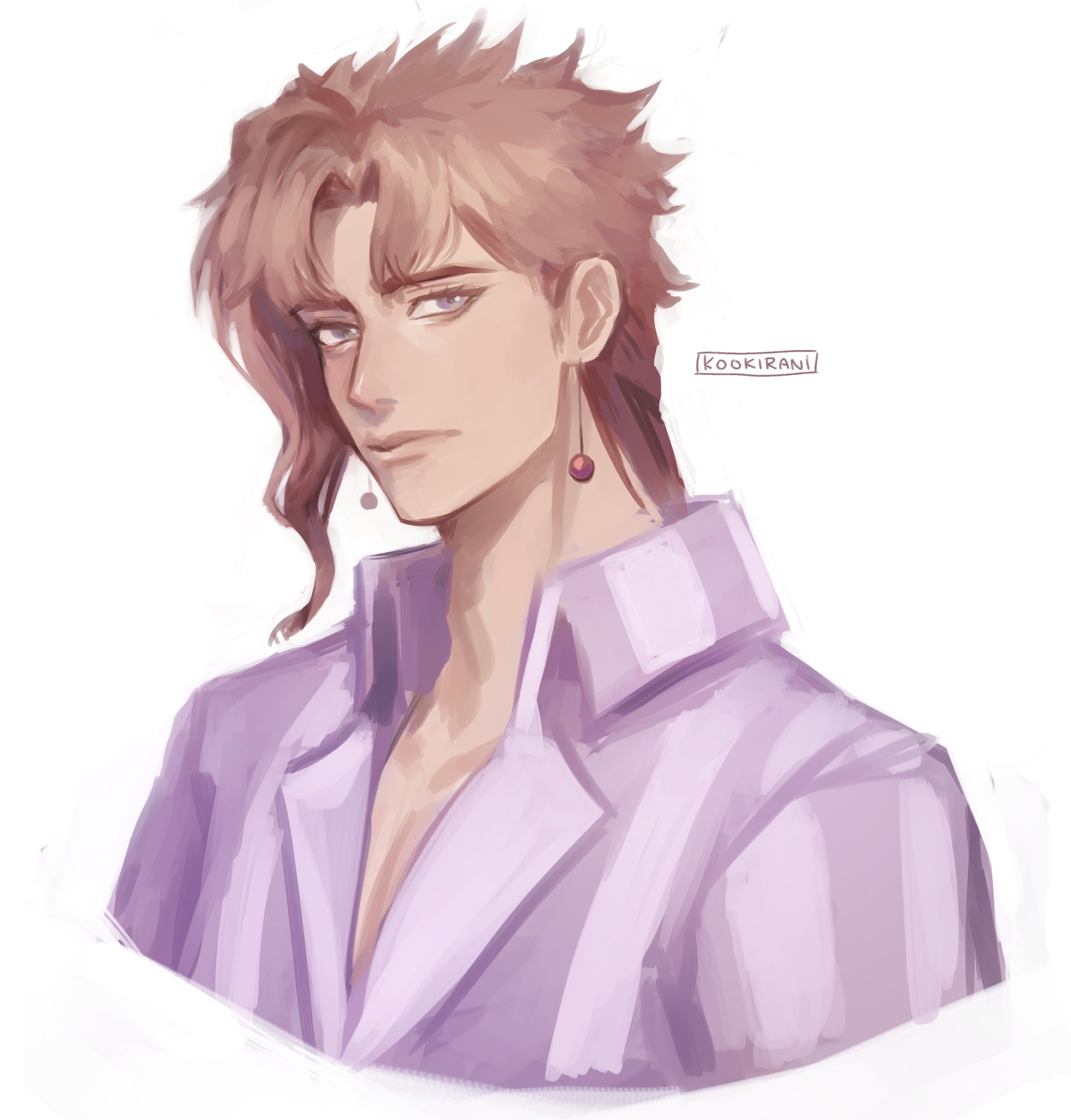 kookirani, kakyoin noriaki, jojo no kimyou na bouken, stardust crusaders, highres, 1boy, artist name, closed mouth, collared shirt, cropped torso, earrings, jewelry, lapels, looking at viewer, male focus, medium hair, open collar, parted hair, piercing, pink shirt, portrait, red hair, shirt, simple background, solo, striped clothes, striped shirt, white background