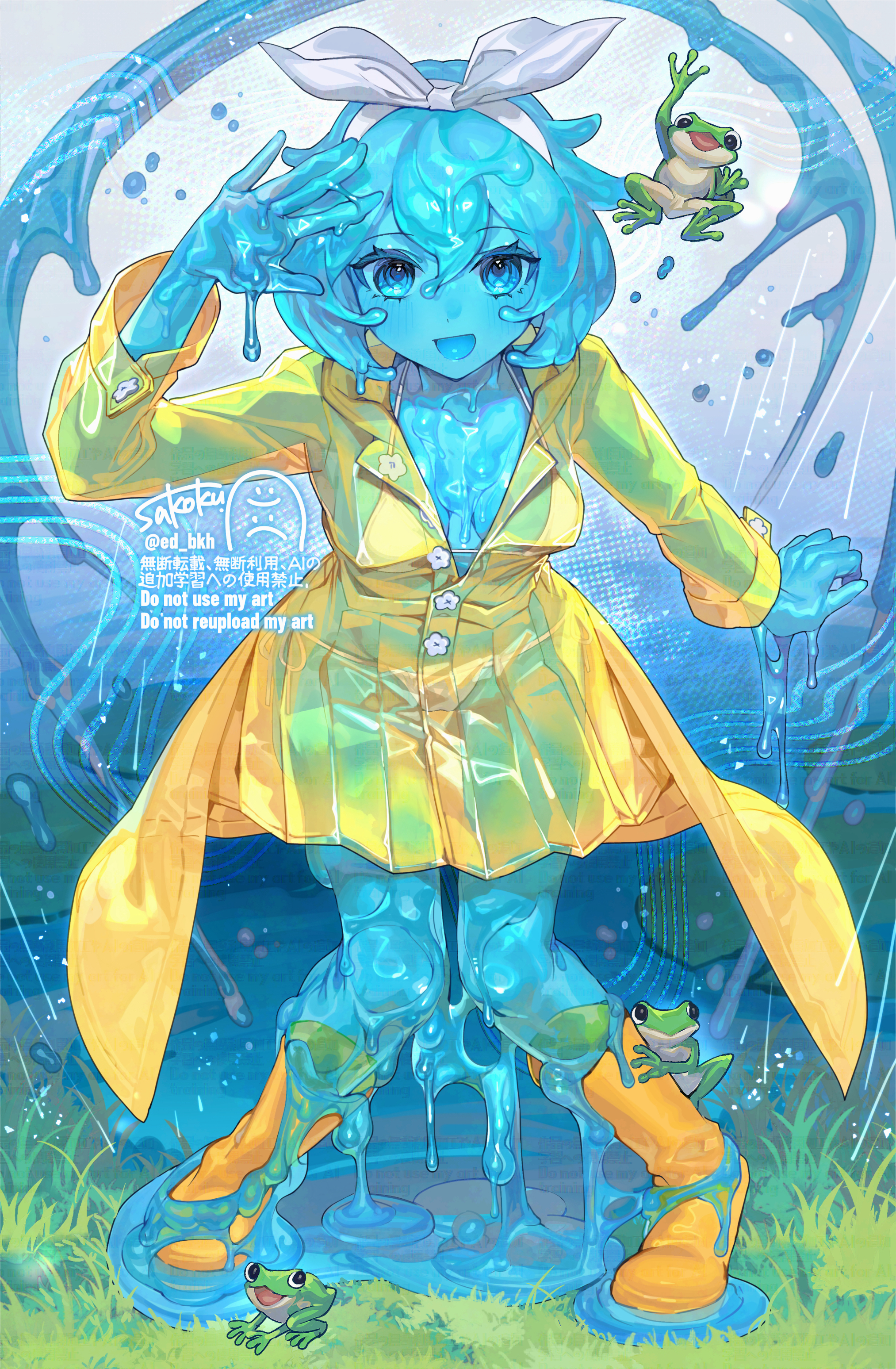 sakoku (oyatsu3ji ), original, absurdres, commentary, commission, highres, skeb commission, 1girl, arm up, bikini, blue eyes, boots, breasts, coat, dripping, frog, grass, hydrokinesis, jacket, knees together feet apart, leaning forward, lily pad, looking at viewer, medium breasts, monster girl, open clothes, open coat, open mouth, rain, raincoat, ribbon, rubber boots, see-through body, see-through clothes, see-through jacket, signature, skirt, slime girl, solo, splashing, swimsuit, thick thighs, thighs, twitter username, water, watermark, white bikini, white ribbon, yellow boots, yellow coat, yellow raincoat, yellow skirt