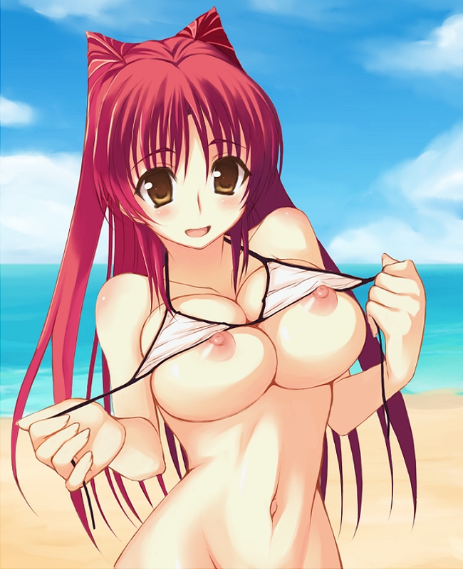 kamimiya, kousaka tamaki, to heart (series), to heart 2, bad id, bad pixiv id, 1girl, beach, bikini, blush, breasts, brown eyes, cleavage, day, female focus, large breasts, long hair, nipple slip, nipples, ocean, outdoors, red hair, skindentation, sky, solo, swimsuit, water