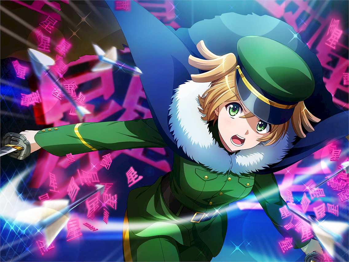 daiba nana, shoujo kageki revue starlight, shoujo kageki revue starlight -re live-, game cg, official art, 1girl, arrow (projectile), black cape, breast pocket, brown hair, cape, dual wielding, fur-trimmed cape, fur trim, green eyes, green hat, green jacket, green pants, hat, holding, holding sword, holding weapon, jacket, katana, looking at viewer, motion blur, motion lines, open mouth, pants, peaked cap, pocket, short twintails, slashing, solo, sword, twintails, upper body, v-shaped eyebrows, weapon