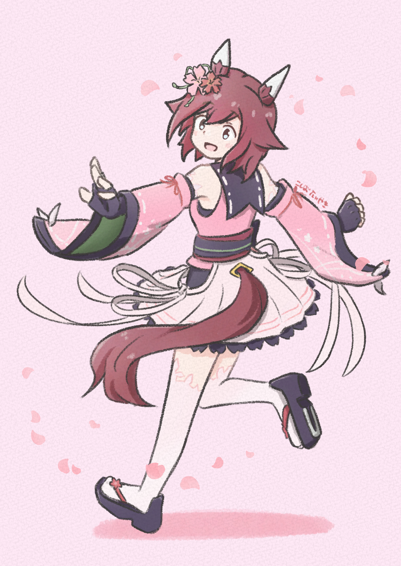 sakura chiyono o (hinoshita kaisan hana akari) (umamusume), sakura chiyono o (umamusume), umamusume, commentary request, highres, 1girl, animal ears, armpits, blue eyes, blush, detached sleeves, fingerless gloves, flower, full body, gloves, hair between eyes, hair flower, hair ornament, horse ears, horse girl, horse tail, koshiba taiyaki, open mouth, petals, pink background, pink hair, simple background, solo, tail, thighhighs