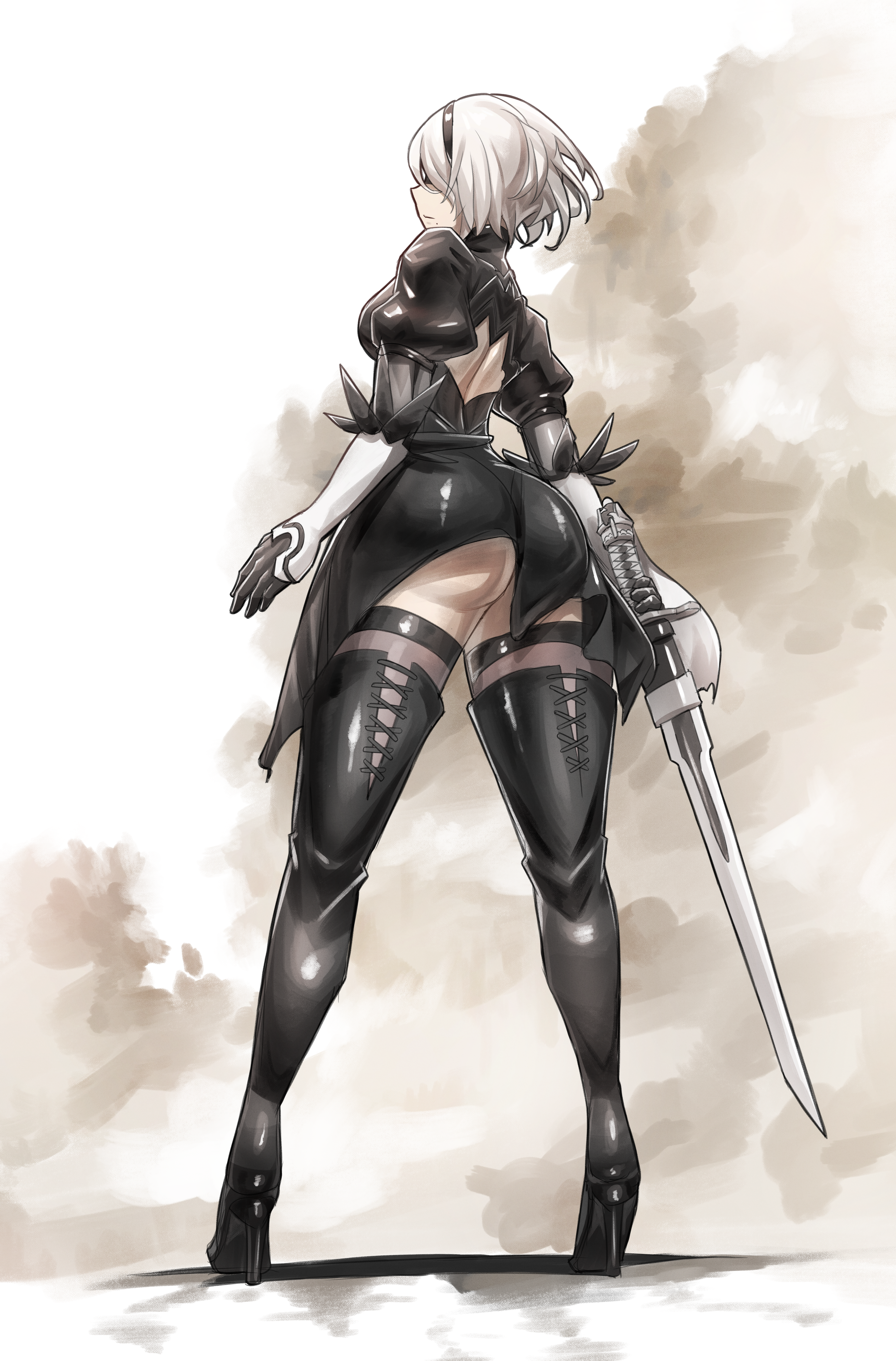 2b (nier:automata), nier:automata, nier (series), absurdres, commentary, english commentary, highres, 1girl, ass, black gloves, black hairband, boots, breasts, covered eyes, from behind, full body, gloves, hairband, holding, holding sword, holding weapon, long sleeves, medium hair, mole, mole under mouth, puffy short sleeves, puffy sleeves, short sleeves, solo, sword, thick thighs, thighhighs, thighhighs under boots, thighs, wataad98, weapon, white hair