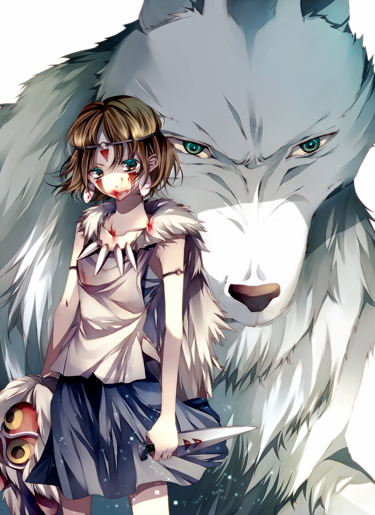 tsukioka tsukiho, moro (mononoke hime), moro no kimi, san (mononoke hime), mononoke hime, studio ghibli, highres, 1990s (style), 1girl, armlet, blood, brown eyes, brown hair, earrings, facepaint, female focus, green eyes, headband, jewelry, knife, mask, retro artstyle, solo, wolf