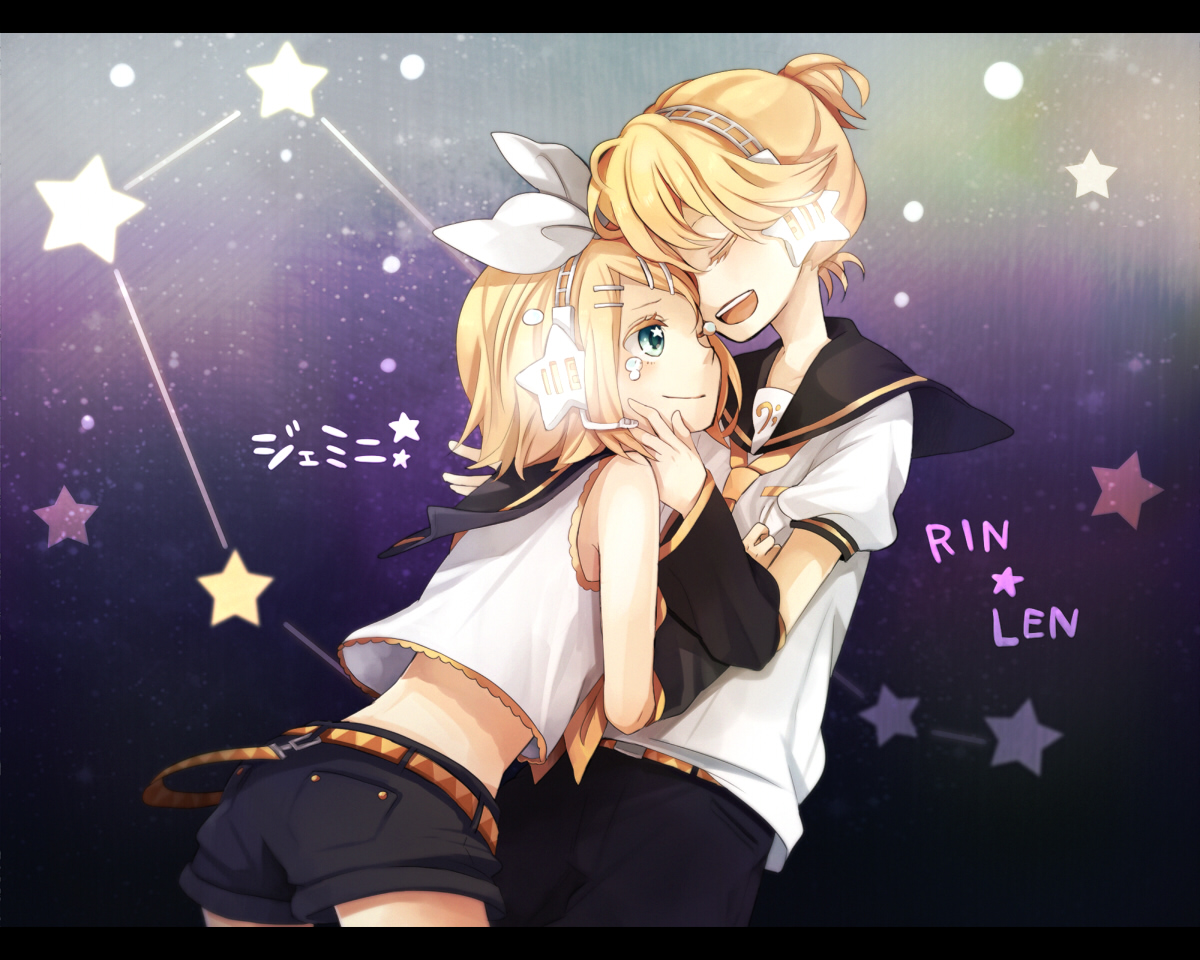 tama (songe), kagamine len, kagamine rin, gemini (vocaloid), vocaloid, 1boy, 1girl, blonde hair, blue eyes, brother and sister, closed eyes, constellation, detached sleeves, gemini (constellation), hair ribbon, headphones, headset, hetero, hug, letterboxed, midriff, necktie, one eye closed, ribbon, short hair, shorts, siblings, star (symbol), tears, twins