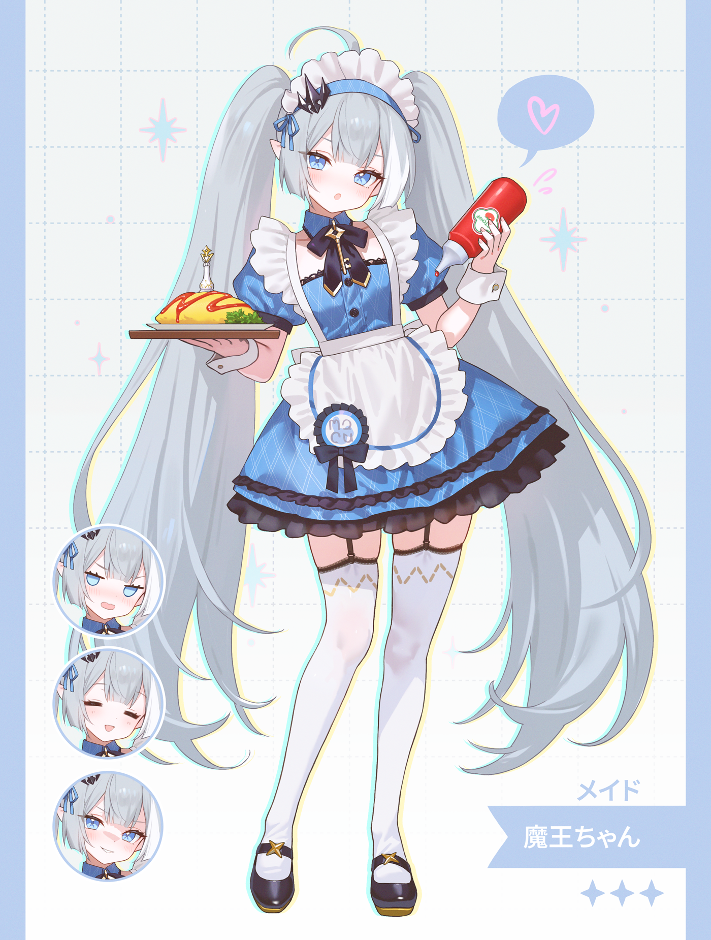 adelie cat, female tyrant (stella sora), tyrant (stella sora), stella sora, commentary request, highres, 1girl, alternate costume, apron, blue hairband, bottle, enmaided, extra pupils, food, frilled apron, frills, hairband, holding, holding bottle, holding tray, juliet sleeves, ketchup bottle, long hair, long sleeves, looking at viewer, maid, maid apron, maid headdress, multiple expressions, omelet, omurice, pink hair, puffy sleeves, solo, thighhighs, tray, twintails, waist apron, white apron, white thighhighs, wrist cuffs
