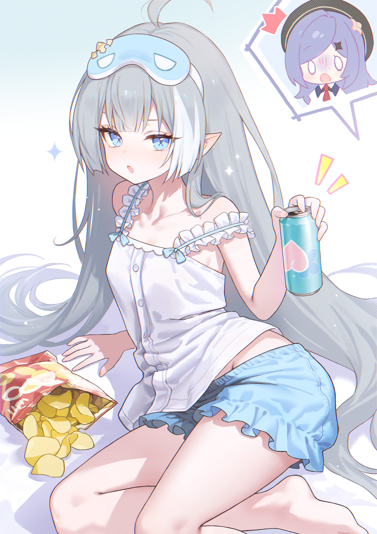adelie cat, female tyrant (pajamas) (stella sora), female tyrant (stella sora), iris (stella sora), tyrant (stella sora), stella sora, commentary, highres, symbol-only commentary, 2girls, ahoge, bag of chips, black hat, blue eyes, blue shorts, can, chips (food), drink can, fingernails, food, grey hair, hat, holding, holding can, long hair, mask, mask on head, multiple girls, pointy ears, potato chips, purple hair, shorts, sleep mask, solo focus, spoken character, strap slip