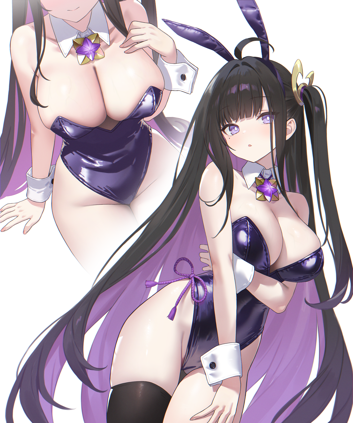 adelie cat, chitose (stella sora), stella sora, commentary request, highres, 1girl, alternate costume, animal ear hairband, animal ears, arm under breasts, black hair, black thighhighs, blush, breasts, cleavage, detached collar, fake animal ears, hair intakes, hairband, highleg, highleg leotard, large breasts, leotard, long hair, looking at viewer, mole, mole under eye, multiple views, one side up, playboy bunny, purple eyes, purple leotard, purple ribbon, rabbit ear hairband, rabbit ears, ribbon, simple background, single thighhigh, sitting, skindentation, strapless, strapless leotard, thighhighs, thighs, very long hair, white background, white wrist cuffs, wrist cuffs