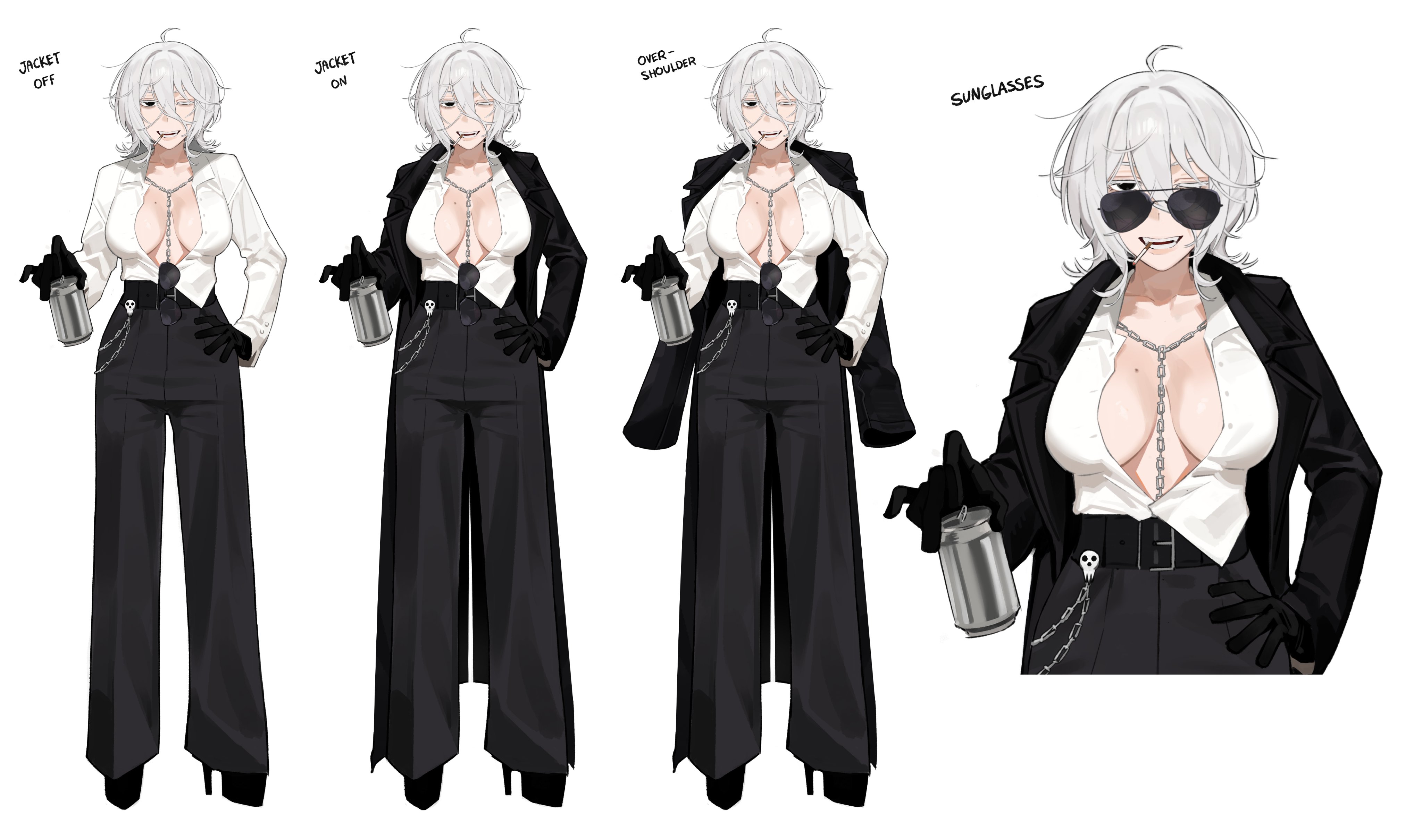 wabuwabu 05, jericho (wabuwabu 05), original, absurdres, highres, 1girl, black coat, black eyes, black gloves, black pants, breasts, can, chain, chain necklace, cleavage, coat, drink can, gloves, hand on own hip, high heels, jewelry, large breasts, mole, mole on breast, necklace, one eye closed, pants, partially open shirt, shirt, shirt partially tucked in, skull ornament, smoking, soda can, sunglasses, white hair, white shirt