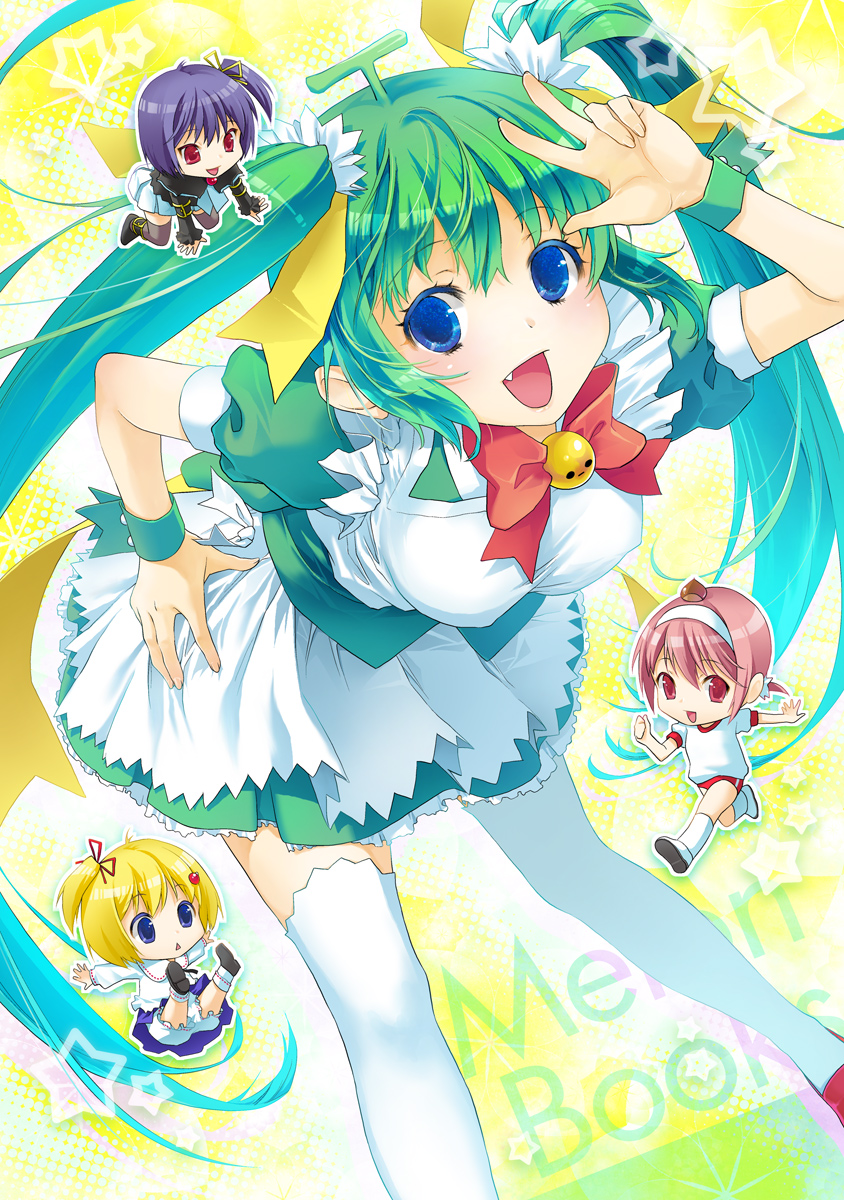 sage joh, black lemon-chan, lemon-chan, maron-chan, melon-chan, melonbooks, bad id, bad pixiv id, highres, 4girls, :<, blonde hair, bloomers, blue eyes, blue hair, bow, buruma, chibi, fang, green hair, gym shirt, gym shorts, gym uniform, hair ribbon, leaning forward, long hair, multiple girls, pink eyes, pink hair, red buruma, red eyes, ribbon, shirt, short sleeves, shorts, side ponytail, skirt, socks, star (symbol), thighhighs, twintails, underwear, very long hair, white bloomers, white shirt, white socks, wrist cuffs, yellow bow, zettai ryouiki