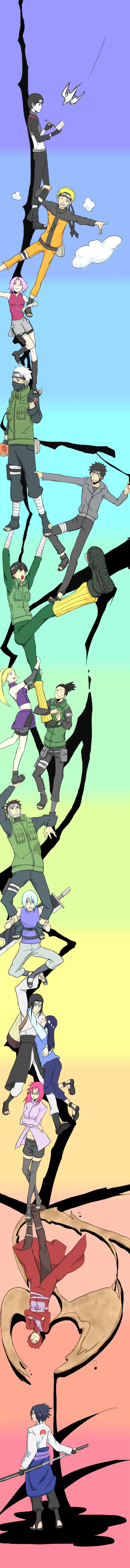 yunron, gaara (naruto), haruno sakura, hatake kakashi, hoozuki suigetsu, hyuuga hinata, hyuuga neji, inuzuka kiba, karin (naruto), nara shikamaru, rock lee, sai (naruto), uchiha sasuke, uzumaki naruto, yamanaka ino, yamato (naruto), durarara!!, naruto (classic), naruto (series), naruto shippuuden, absurdres, highres, long image, tall image, 4girls, 6+boys, bag, duffel bag, huge weapon, kubikirihouchou, multiple boys, multiple girls, parody, rainbow background, sword, trust me (durarara!!), weapon, zanbatou