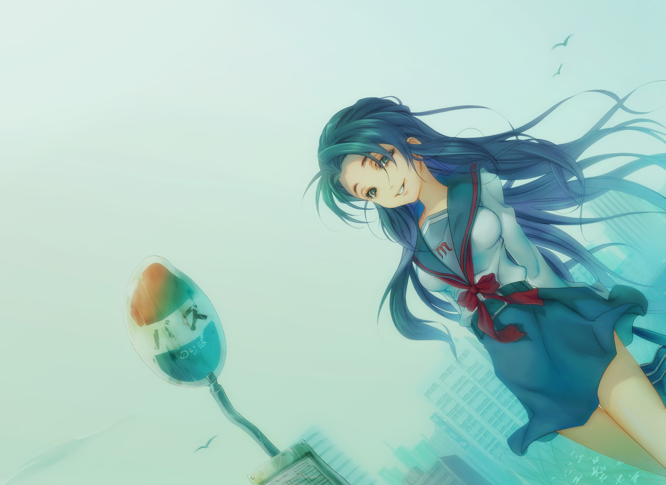 yoshii, asakura ryoko, suzumiya haruhi no yuuutsu, bad id, bad pixiv id, 1girl, blue eyes, blue hair, blue sailor collar, blue skirt, female focus, kita high school uniform, long hair, sailor collar, school uniform, serafuku, sign, skirt, sky, smile, solo