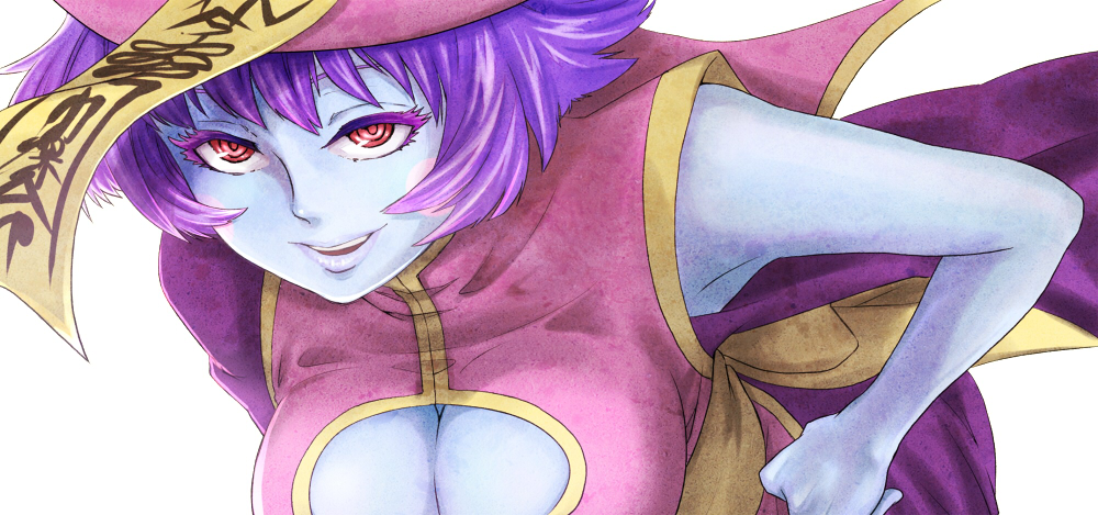 ohagi, ohagi (mizuki1989), hsien-ko, capcom, darkstalkers, bad id, bad pixiv id, 1girl, bent over, blue hair, blue skin, breasts, chinese clothes, cleavage, cleavage cutout, clothing cutout, colored skin, eyelashes, female focus, flipped hair, hat, jiangshi, ofuda, qingdai guanmao, red eyes, short hair, simple background, solo, zombie