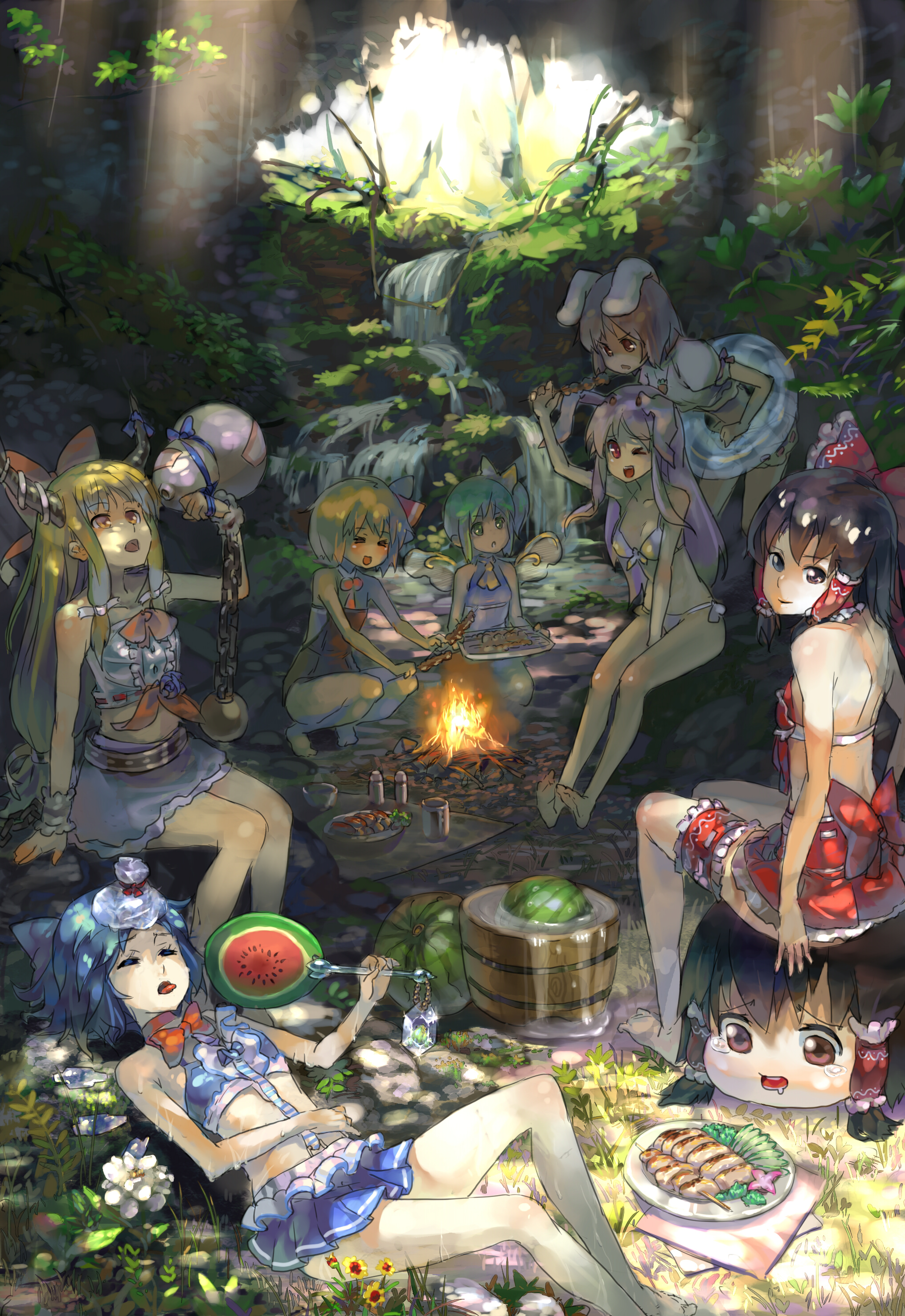 77gl, cirno, daiyousei, hakurei reimu, ibuki suika, inaba tewi, reisen udongein inaba, rumia, yukkuri reimu, embodiment of scarlet devil, touhou, light purple hair, absurdres, highres, md5 mismatch, resolution mismatch, source smaller, > <, 6+girls, :d, alcohol, alternate costume, animal ears, barefoot, bent over, bikini, blonde hair, blue hair, bow, bowtie, brown eyes, brown hair, bucket, campfire, carrot, chain, closed eyes, drooling, fire, flower, food, forest, frilled thigh strap, frog, front-tie top, frown, frozen, fruit, gourd, green eyes, green hair, hair bow, hand fan, horn ornament, horn ribbon, horns, hot, innertube, jewelry, large bow, light rays, long hair, looking back, lying, midriff, miniskirt, multiple girls, nature, no nose, open mouth, orange eyes, pendant, rabbit ears, red eyes, ribbon, sake, scenery, shade, short hair, side-tie bikini bottom, sitting, sitting on object, skewer, skirt, smile, squatting, stream, sunbeam, sunlight, swim ring, swimsuit, tears, thigh strap, tongue, watermelon, wings, wrist cuffs, xd, yukkuri shiteitte ne