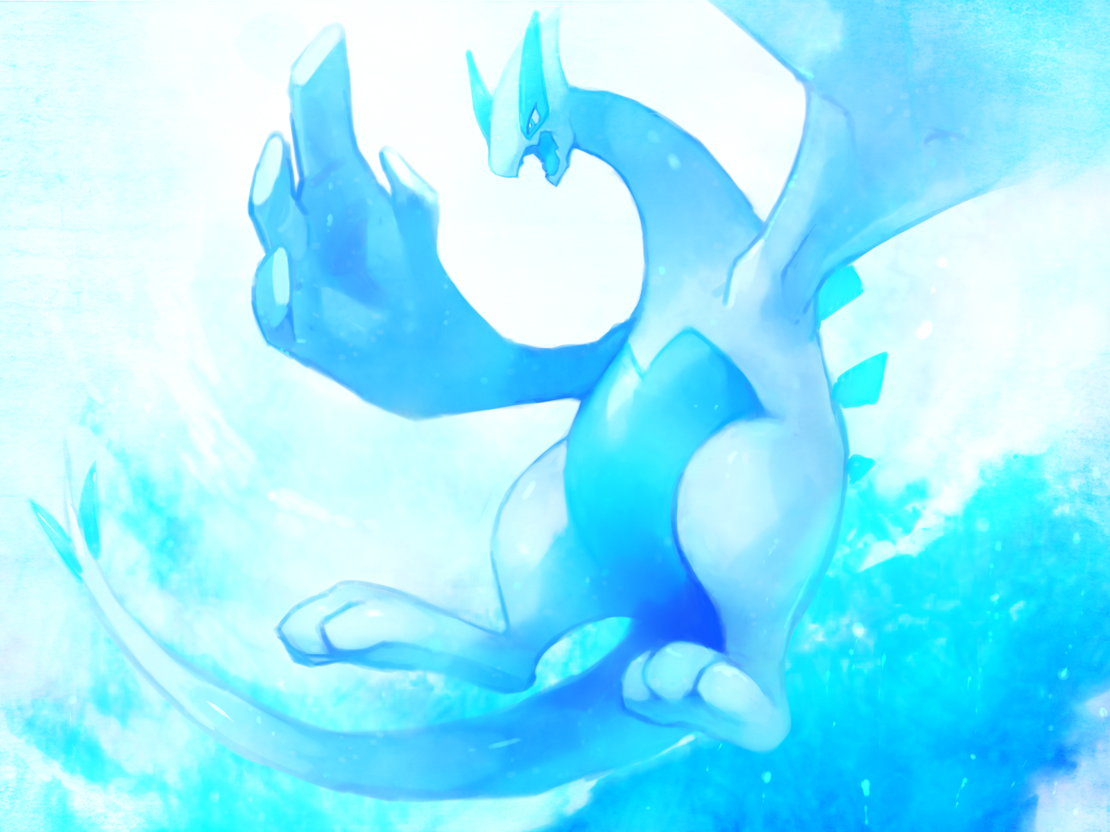 fuchsia, lugia, nintendo, pokemon, commentary request, highres, 2010, blue theme, gen 2 pokemon, legendary pokemon, open mouth, pokemon (creature), simple background, solo, tail, wings