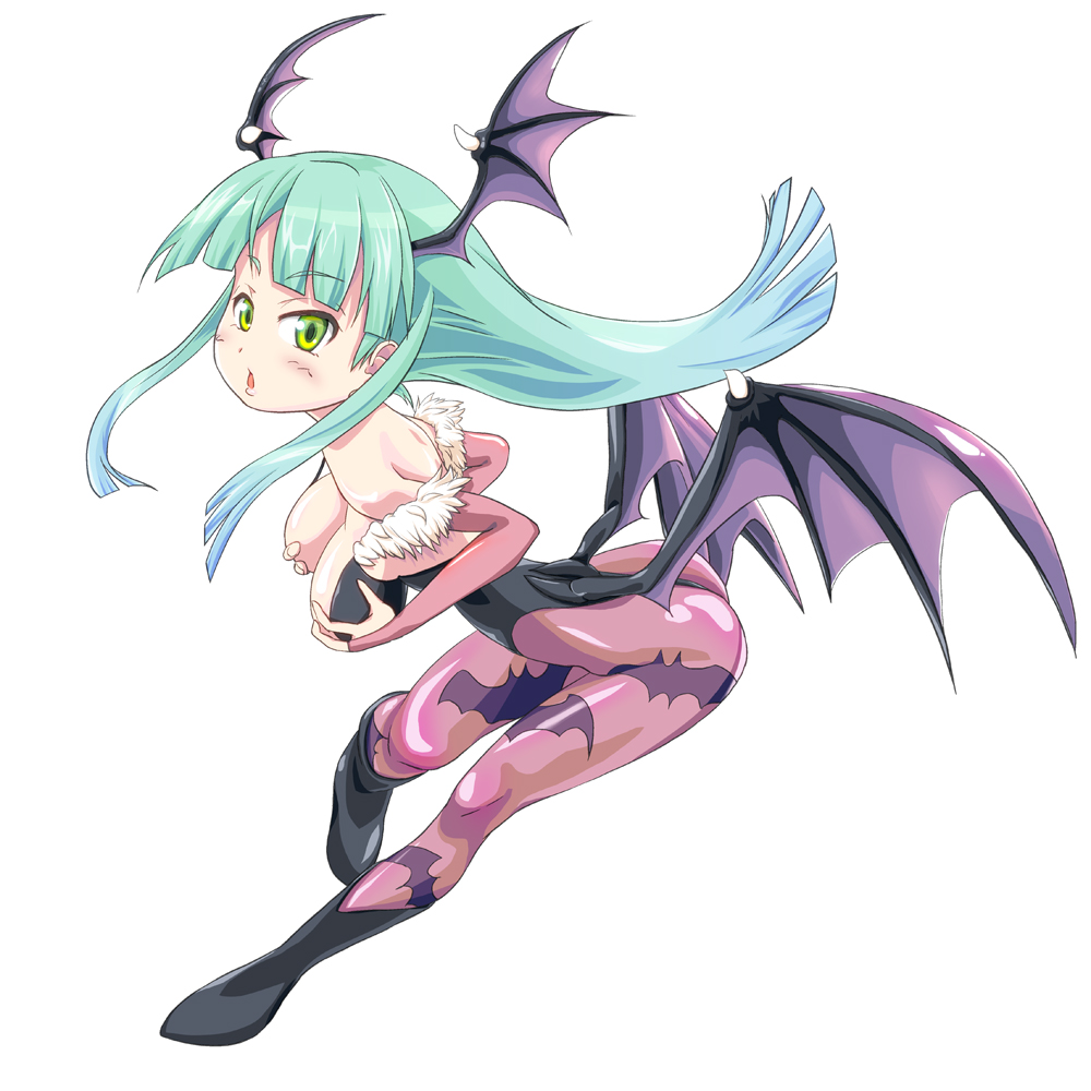 ooyayone, morrigan aensland, capcom, darkstalkers, breast hold, bad id, bad pixiv id, 1girl, animal print, aqua hair, ass, bat print, bat wings, bent over, blush, boots, breasts, cleavage, covering breasts, covering privates, demon girl, elbow gloves, feathers, female focus, fingerless gloves, full body, gloves, head wings, large breasts, leotard, long hair, multicolored eyes, panties, pantyhose, print pantyhose, simple background, solo, thong, underwear, wings