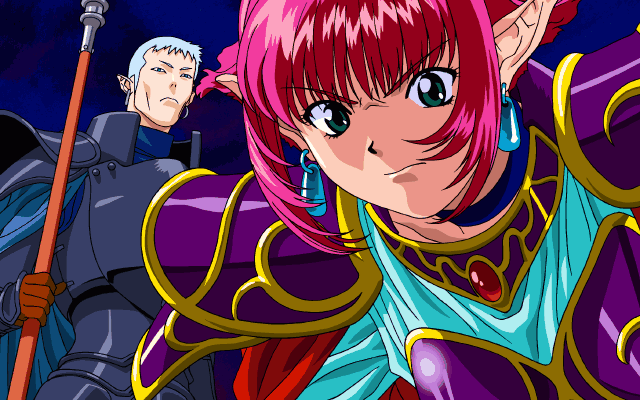 alfa, cala, viper (series), viper rsr, tagme, 1boy, 1girl, armor, breastplate, earrings, elf, green eyes, halberd, jewelry, pauldrons, pink hair, pointy ears, polearm, serious, short hair, shoulder armor, staff, weapon