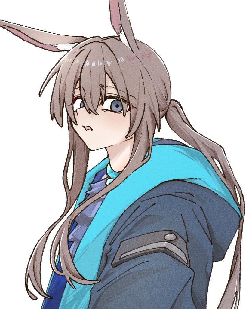rnochi0812, amiya (arknights), arknights, commentary request, 1girl, animal ears, black eyes, black jacket, blue collar, blue jacket, brown hair, collar, disgust, hair between eyes, hood, hood down, hooded jacket, jacket, long hair, long sidelocks, looking at viewer, open mouth, ponytail, sidelocks, simple background, solo, white background