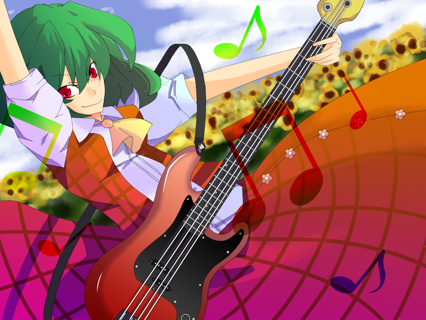 zawa (kageboushi), kazami yuuka, touhou, bad id, bad pixiv id, 1girl, ascot, bass guitar, dutch angle, female focus, field, flower, flower field, green hair, guitar, instrument, musical note, plaid clothes, plaid skirt, plaid vest, red eyes, short hair, short sleeves, skirt, skirt set, solo, sunflower, sunflower field, vest