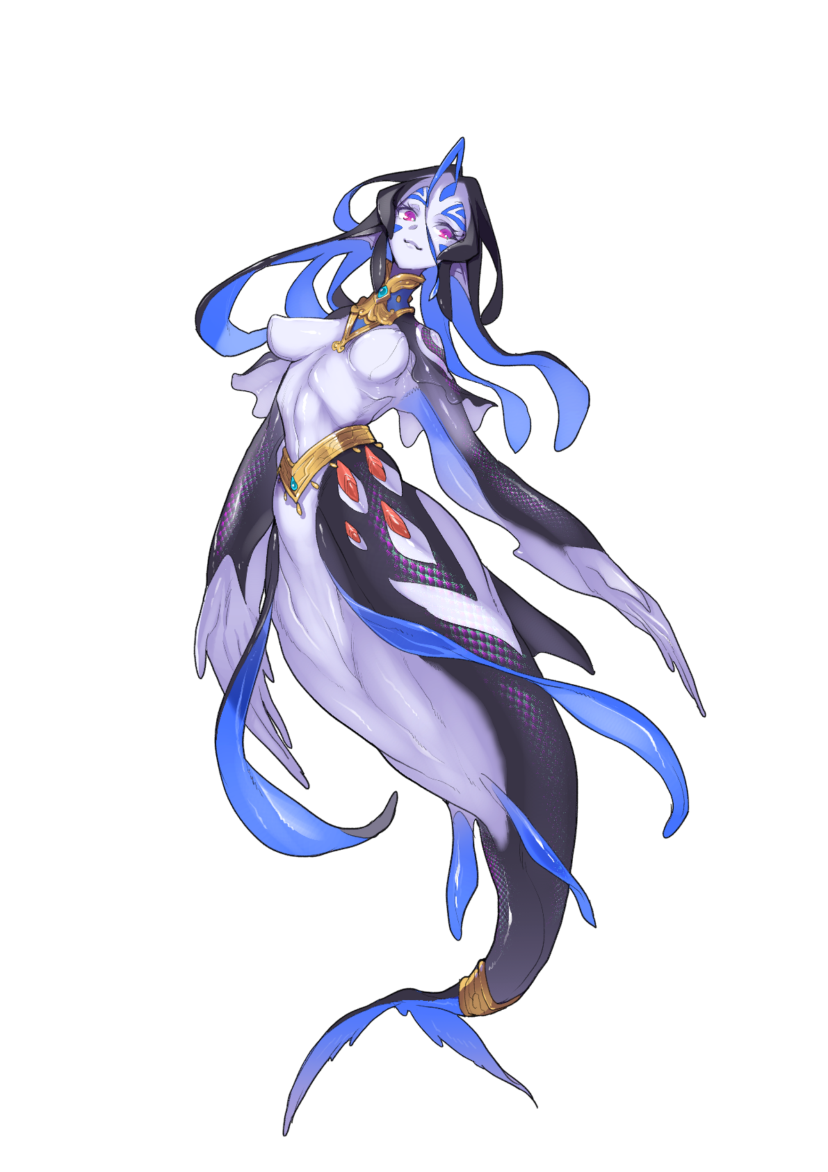 z-ton, character request, commentary request, highres, 1girl, black hair, blue hair, breasts, bright pupils, closed mouth, colored inner hair, covered erect nipples, ether glider, facial mark, full body, gold trim, hair between eyes, linea alba, long hair, mermaid, monster girl, multicolored hair, purple eyes, solo, white background, white pupils