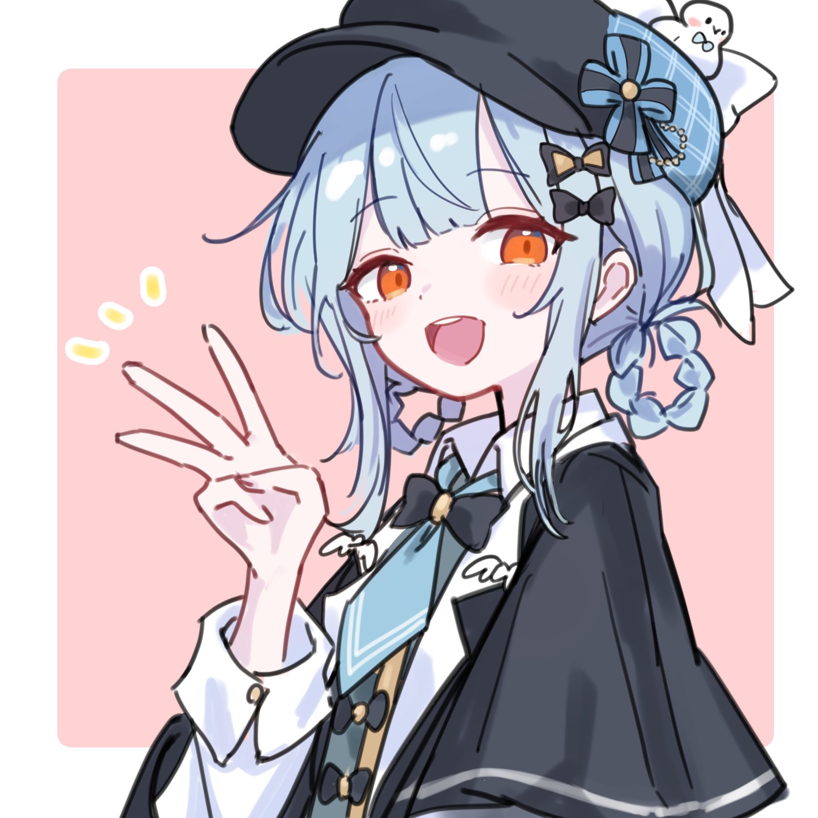 waipiiy, tachibana sherry, mahou shoujo no majo saiban, commentary request, highres, 1girl, :d, black bow, black capelet, black hat, blue hair, blue necktie, bow, braid, braided hair rings, capelet, collared shirt, detective, grey vest, hair bow, hair rings, hat, light blush, necktie, open mouth, orange hair, shirt, short hair, smile, solo, upper body, vest, w, white shirt