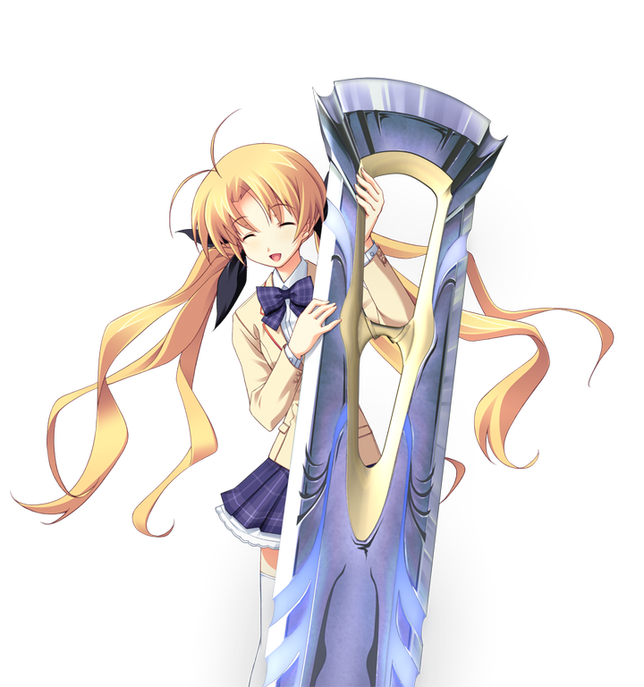 matsuo yukihiro, orihara kozue, chaos;head, science adventure, game cg, non-web source, official art, 1girl, antenna hair, black bow, blazer, blonde hair, bow, bowtie, breasts, brown jacket, closed eyes, collared shirt, d-sword, dress shirt, facing viewer, hair bow, holding, holding sword, holding weapon, huge weapon, jacket, miniskirt, open mouth, petticoat, plaid bow, plaid bowtie, plaid clothes, plaid skirt, purple bow, purple bowtie, school uniform, shirt, skirt, small breasts, smile, solo, sprite, suimei academy school uniform, sword, thighhighs, transparent background, twintails, weapon, white shirt, white thighhighs, winter uniform, zettai ryouiki