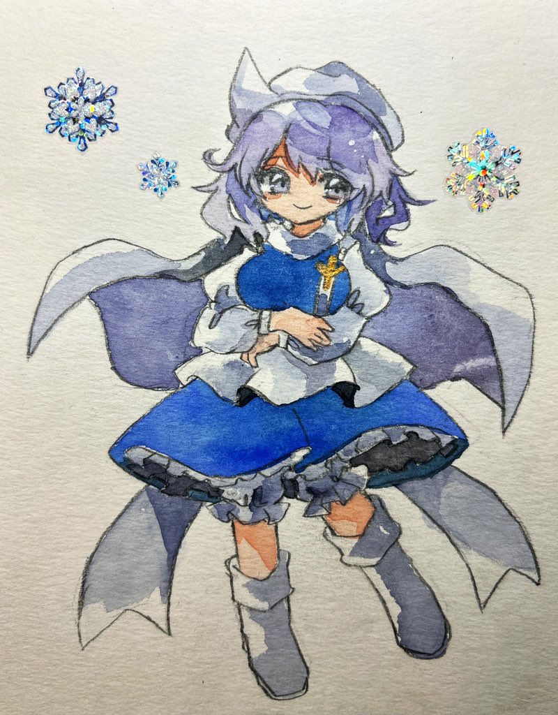 key747h, letty whiterock, touhou, commentary request, traditional media, 1girl, blue eyes, blue skirt, blue vest, full body, hat, long sleeves, open mouth, purple hair, scarf, shirt, shoes, short hair, skirt, smile, snowflakes, socks, solo, vest, white hat, white scarf, white shirt, white socks