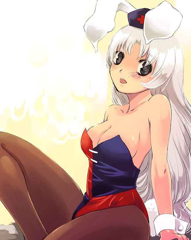 yuu (kfc), yagokoro eirin, touhou, duplicate, 1girl, adapted costume, alternate hairstyle, animal ears, arm support, bare shoulders, black eyes, blush, breasts, brown eyes, cleavage, collarbone, female focus, hat, head tilt, hip focus, kemonomimi mode, leaning back, legs, long hair, looking at viewer, nurse, nurse cap, open mouth, pantyhose, playboy bunny, rabbit ears, rabbit tail, sitting, solo, tail, very long hair, wavy hair, white hair, wrist cuffs