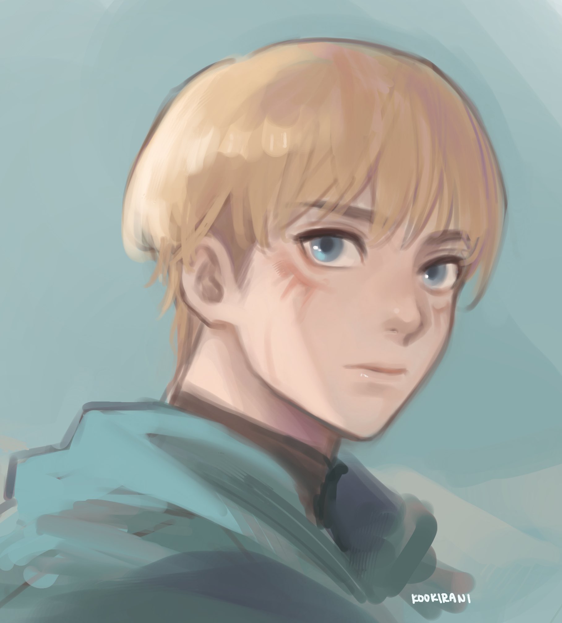 kookirani, armin arlert, shingeki no kyojin, commentary, english commentary, highres, 1boy, artist name, black shirt, blonde hair, blue eyes, cape, closed mouth, facial mark, green background, green cape, looking to the side, male focus, medium sideburns, portrait, shirt, sideburns, solo