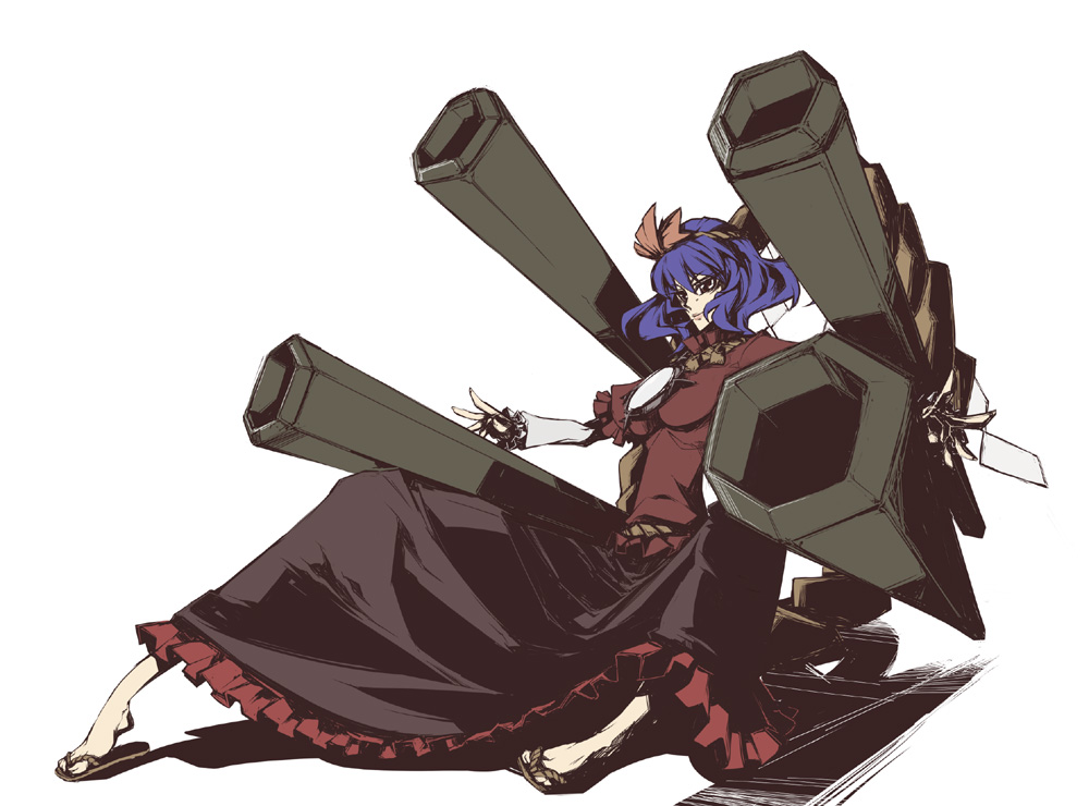 nagihito, yasaka kanako, touhou, bad id, bad pixiv id, 1girl, breasts, female focus, full body, hair ornament, leaf, mirror, onbashira, purple hair, red eyes, rope, shimenawa, short hair, solo, white background