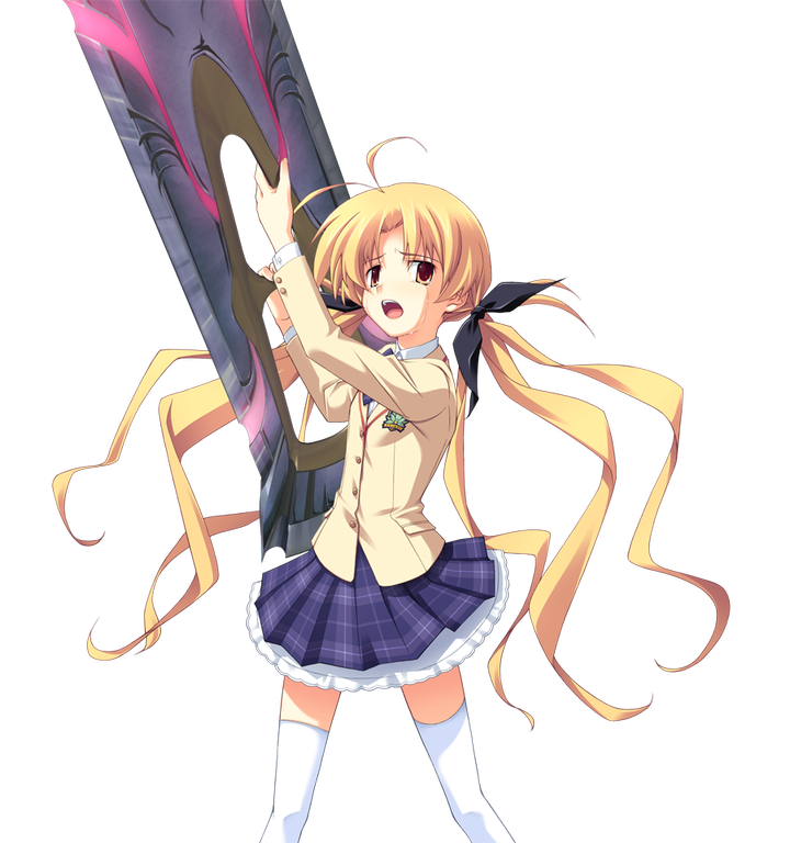 matsuo yukihiro, orihara kozue, chaos;head, science adventure, game cg, non-web source, official art, 1girl, antenna hair, black bow, blazer, blonde hair, bow, bowtie, breasts, brown eyes, brown jacket, collared shirt, crying, crying with eyes open, d-sword, dress shirt, glowing, glowing sword, glowing weapon, hair bow, hands up, holding, holding sword, holding weapon, huge weapon, imminent attack, jacket, looking at viewer, miniskirt, open mouth, petticoat, plaid bow, plaid bowtie, plaid clothes, plaid skirt, purple bow, purple bowtie, sad, school uniform, shirt, skirt, small breasts, solo, sprite, streaming tears, suimei academy school uniform, sword, tears, thighhighs, transparent background, twintails, weapon, white shirt, white thighhighs, winter uniform, zettai ryouiki