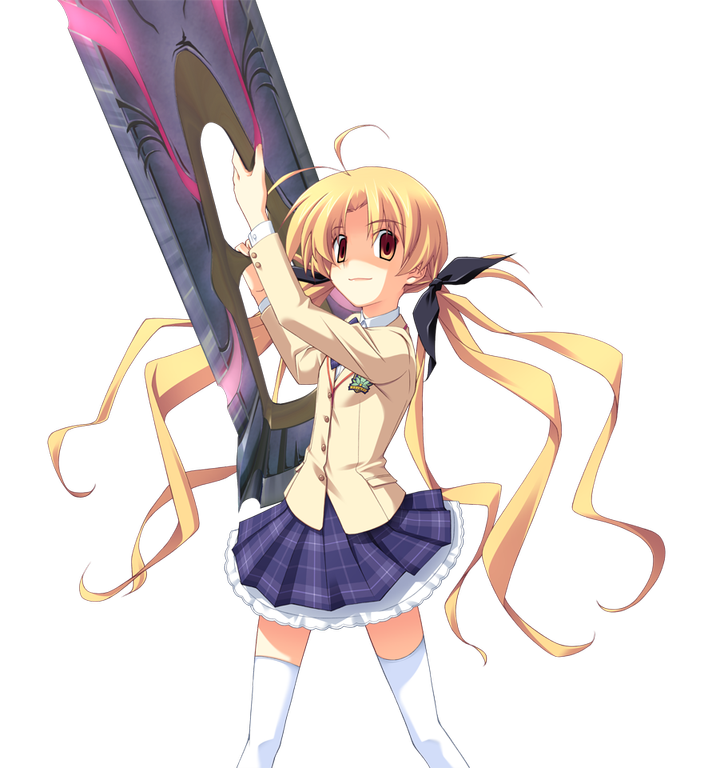 matsuo yukihiro, orihara kozue, chaos;head, science adventure, game cg, non-web source, official art, 1girl, antenna hair, black bow, blazer, blonde hair, bow, bowtie, breasts, brown eyes, brown jacket, collared shirt, crazy eyes, crazy smile, d-sword, dress shirt, glowing, glowing sword, glowing weapon, hair bow, hands up, holding, holding sword, holding weapon, huge weapon, imminent attack, jacket, looking at viewer, miniskirt, partially shaded face, petticoat, plaid bow, plaid bowtie, plaid clothes, plaid skirt, purple bow, purple bowtie, school uniform, shirt, skirt, small breasts, smile, solo, sprite, suimei academy school uniform, sword, thighhighs, transparent background, twintails, weapon, white shirt, white thighhighs, winter uniform, zettai ryouiki