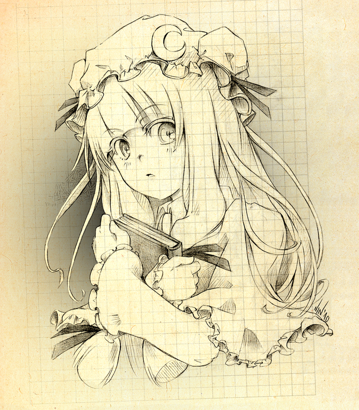 ninamo, patchouli knowledge, touhou, bad id, bad pixiv id, traditional media, 1girl, female focus, monochrome, sketch, solo