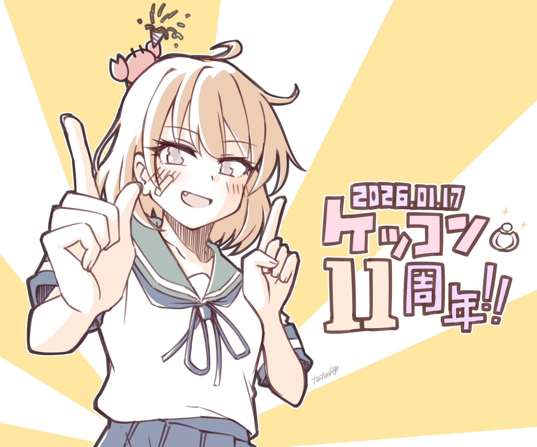 tatahai, oboro (kancolle), kantai collection, commentary request, highres, 1girl, ahoge, animal, animal on head, anniversary, bandaid, bandaid on face, blonde hair, blue neckerchief, blue sailor collar, blue skirt, crab on head, fang, grey eyes, index finger raised, neckerchief, on head, party popper, pleated skirt, sailor collar, sailor shirt, shirt, short hair, skirt, solo, sunburst, sunburst background, upper body, white shirt