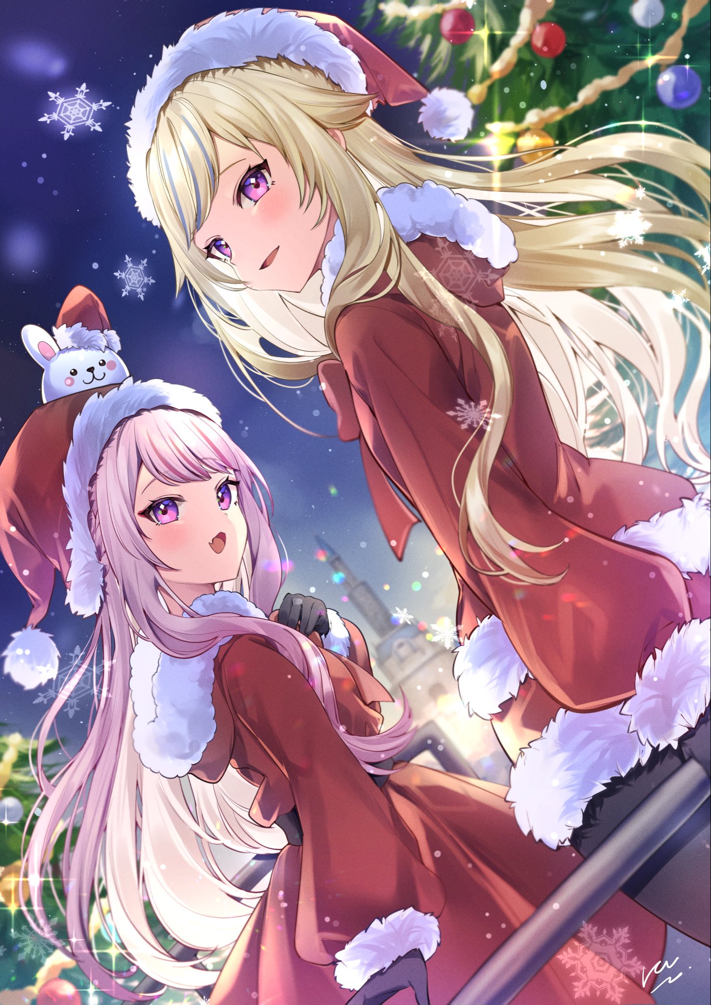 ruu hh, suzuki hina, tanaka hime, himehina channel, commentary request, highres, 2girls, against railing, black gloves, black thighhighs, blonde hair, blue hair, bow, bowtie, christmas, christmas ornaments, christmas tree, dress, fang, fur-trimmed dress, fur-trimmed headwear, fur-trimmed thighhighs, fur trim, gloves, hair flaps, hat, hat ornament, hooded dress, long hair, multicolored hair, multiple girls, open mouth, outdoors, pink hair, pom pom (clothes), purple eyes, rabbit hat ornament, railing, red bow, red bowtie, red dress, red hair, red hat, santa hat, skin fang, sky, snowflakes, streaked hair, thighhighs, virtual youtuber