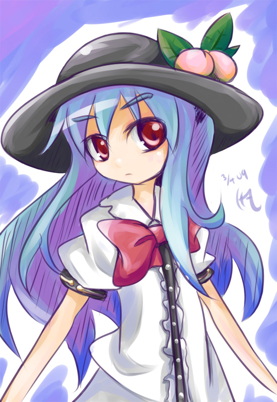 sora-amaori, hinanawi tenshi, touhou, bad id, bad pixiv id, 1girl, blue hair, female focus, food, fruit, hat, peach, red eyes, solo, standing, upper body