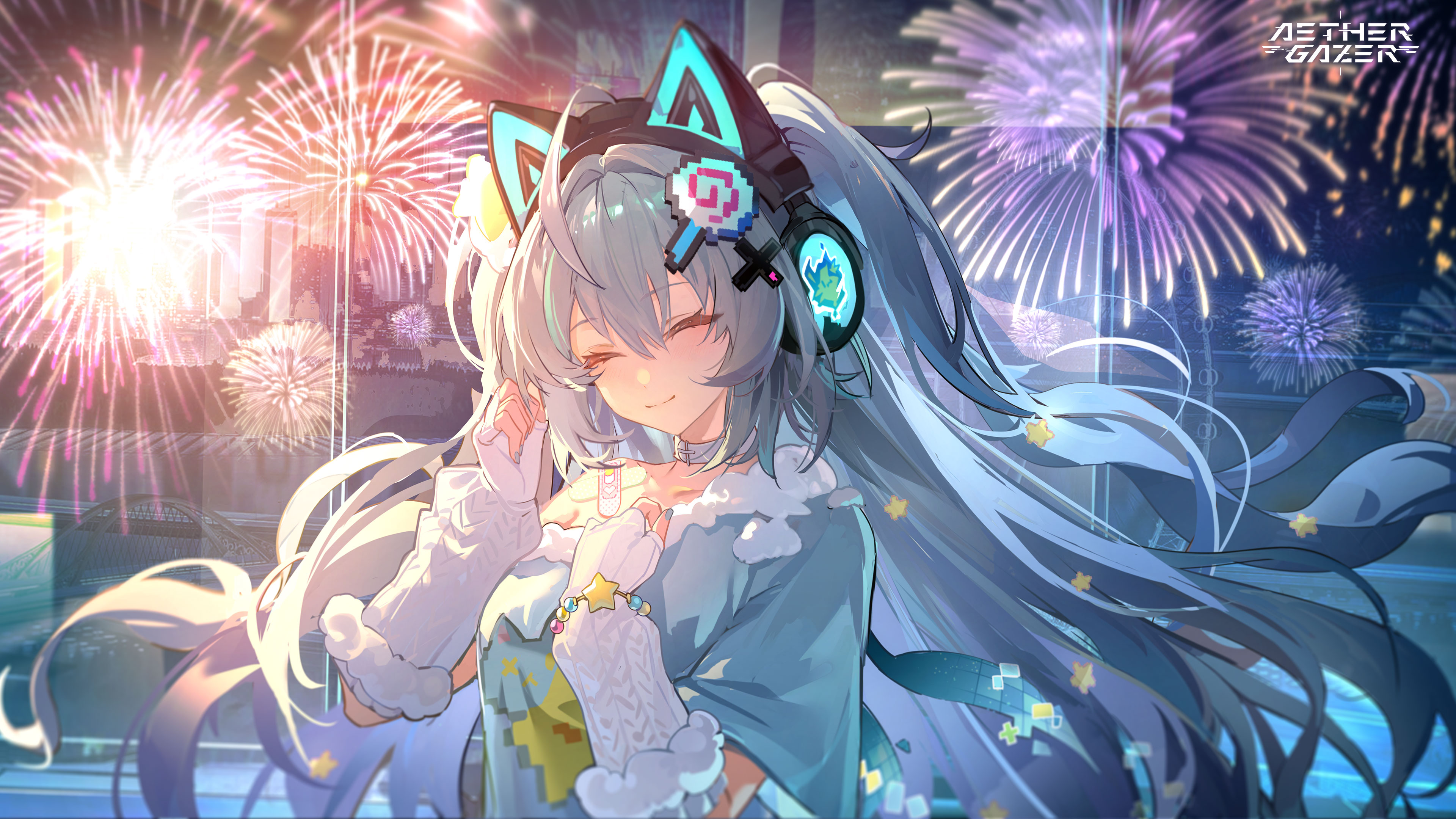 aether gazer, absurdres, artist request, character request, highres, 1girl, aerial fireworks, ahoge, animal ear headphones, animal ears, bandaid, bandaid on shoulder, belt collar, blue nails, cat ear headphones, cat ears, closed eyes, closed mouth, collar, copyright name, fake animal ears, fingerless gloves, fireworks, gloves, hair ornament, headphones, long hair, solo, star (symbol), star hair ornament, upper body, white collar, white gloves