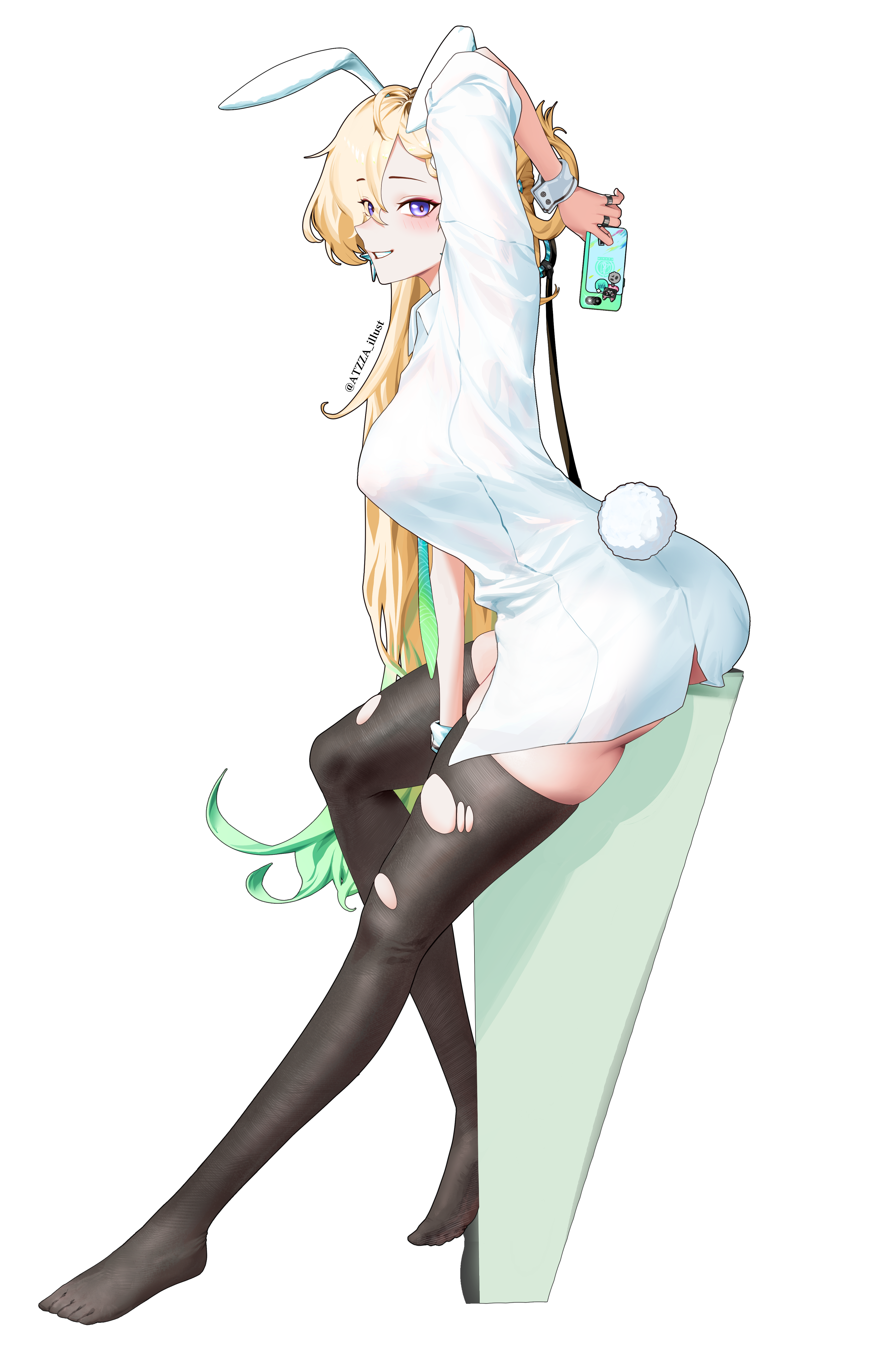 atzza a, lynae (wuthering waves), wuthering waves, absurdres, commentary, english commentary, highres, 1girl, animal ears, arm up, ass, black thighhighs, blush, breasts, cellphone, earrings, fake animal ears, full body, hair ornament, holding, holding phone, jewelry, large breasts, looking at viewer, looking to the side, no shoes, phone, purple eyes, rabbit ears, rabbit tail, red pupils, shirt, skull hair ornament, smartphone, smile, solo, star (symbol), star earrings, tail, thighhighs, thighs, torn clothes, torn thighhighs, twisted torso, white shirt