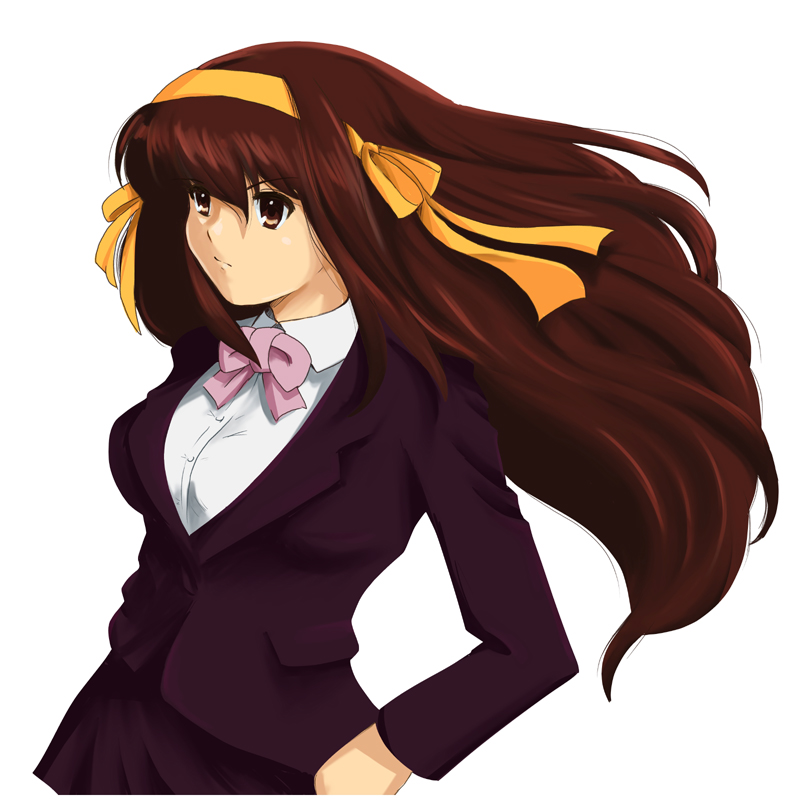 shu-z, suzumiya haruhi, suzumiya haruhi no shoushitsu, suzumiya haruhi no yuuutsu, 10s, 1girl, alternate costume, alternate hairstyle, brown eyes, brown hair, female focus, hair ribbon, hairband, kouyouen academy school uniform, long hair, official alternate hair length, official alternate hairstyle, ribbon, school uniform, solo