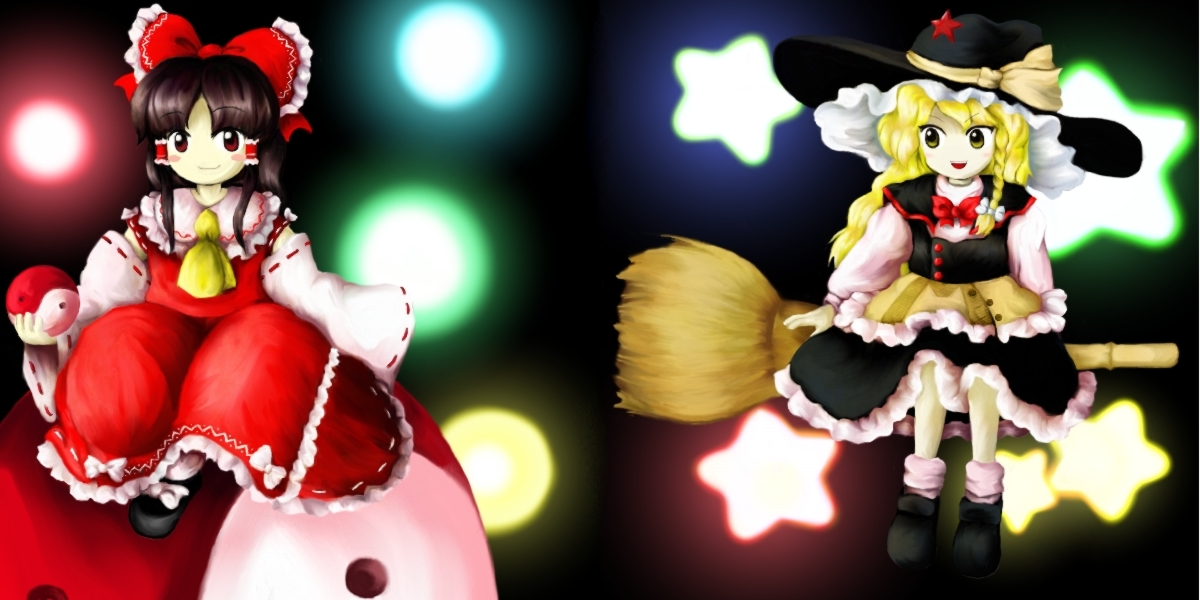 tntn, hakurei reimu, kirisame marisa, touhou, bad id, bad pixiv id, 2girls, blonde hair, brown hair, danmaku, female focus, light particles, multiple girls, official style, parody, red eyes, style parody, yellow eyes, zun (style)