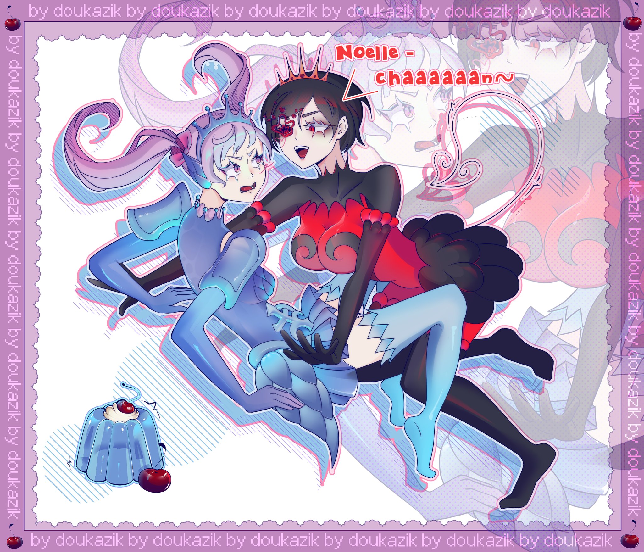 noelle silva, vanica zogratis, black clover, commentary, english commentary, highres, 2girls, armor, artist name, battle, black bodysuit, black hair, black sclera, blue armor, body markings, bodysuit, bow, breasts, cherry, cleavage, colored sclera, crown, demon tail, doukazik, english text, food, fruit, gelatin, grey hair, large breasts, long hair, looking at another, multiple girls, pink bow, purple eyes, red eyes, short hair, tail, twintails, valkyrie, water, white background, zoom layer